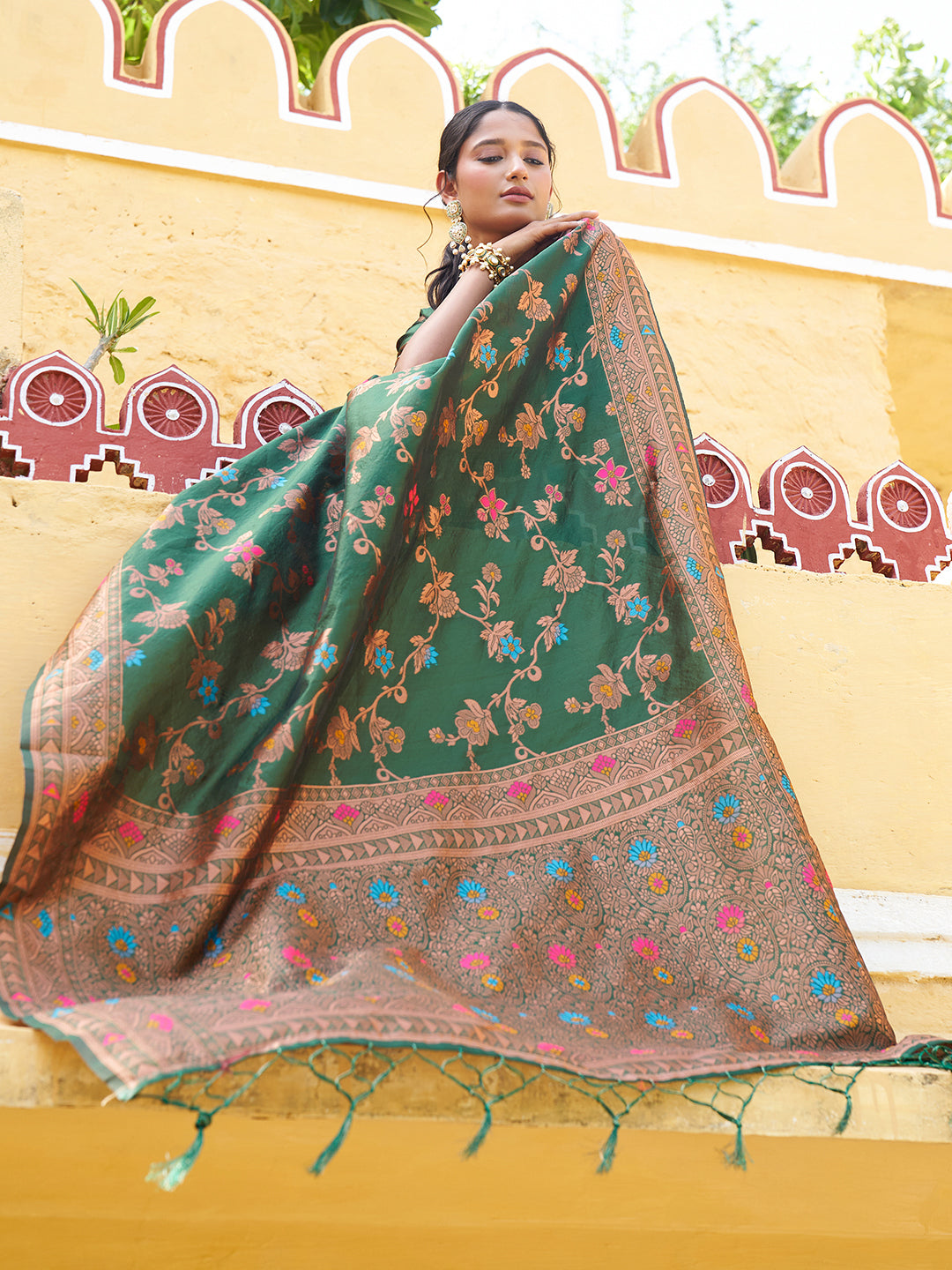 Buy MySilkLove Rashmika Mandana collection Viridian Green Woven Handloom Saree Online