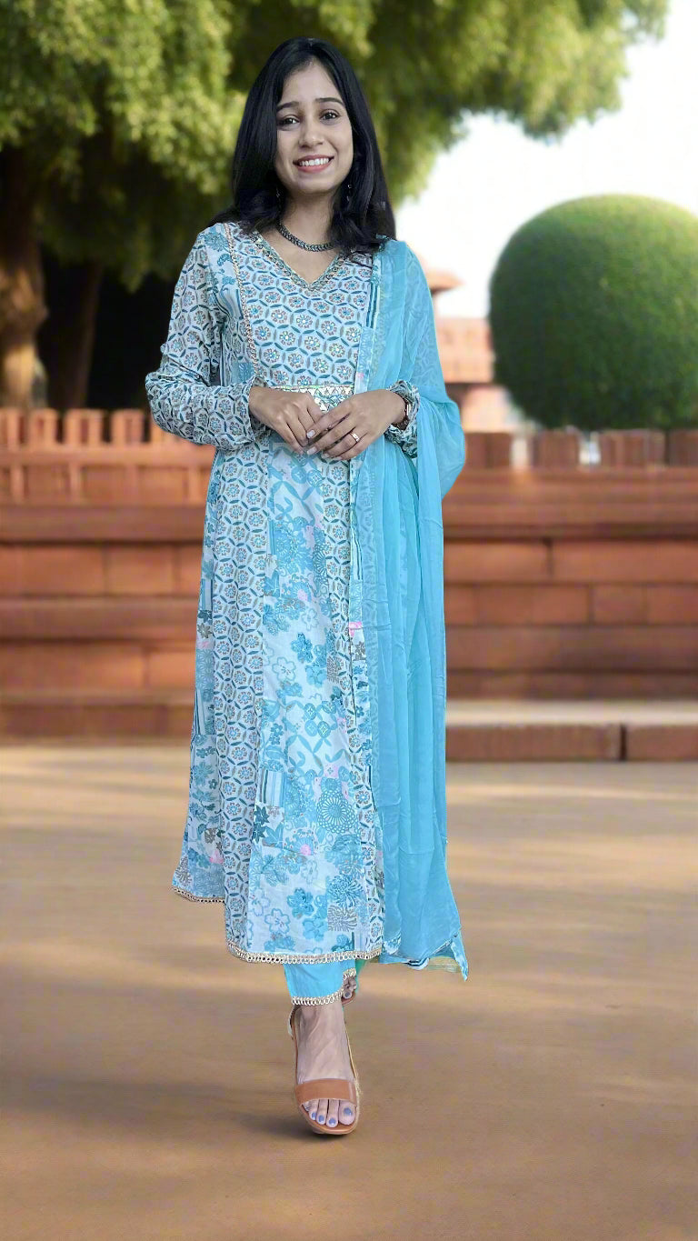 Buy MySilkLove Pewter Blue Pure Mul Cotton Suit Set Online