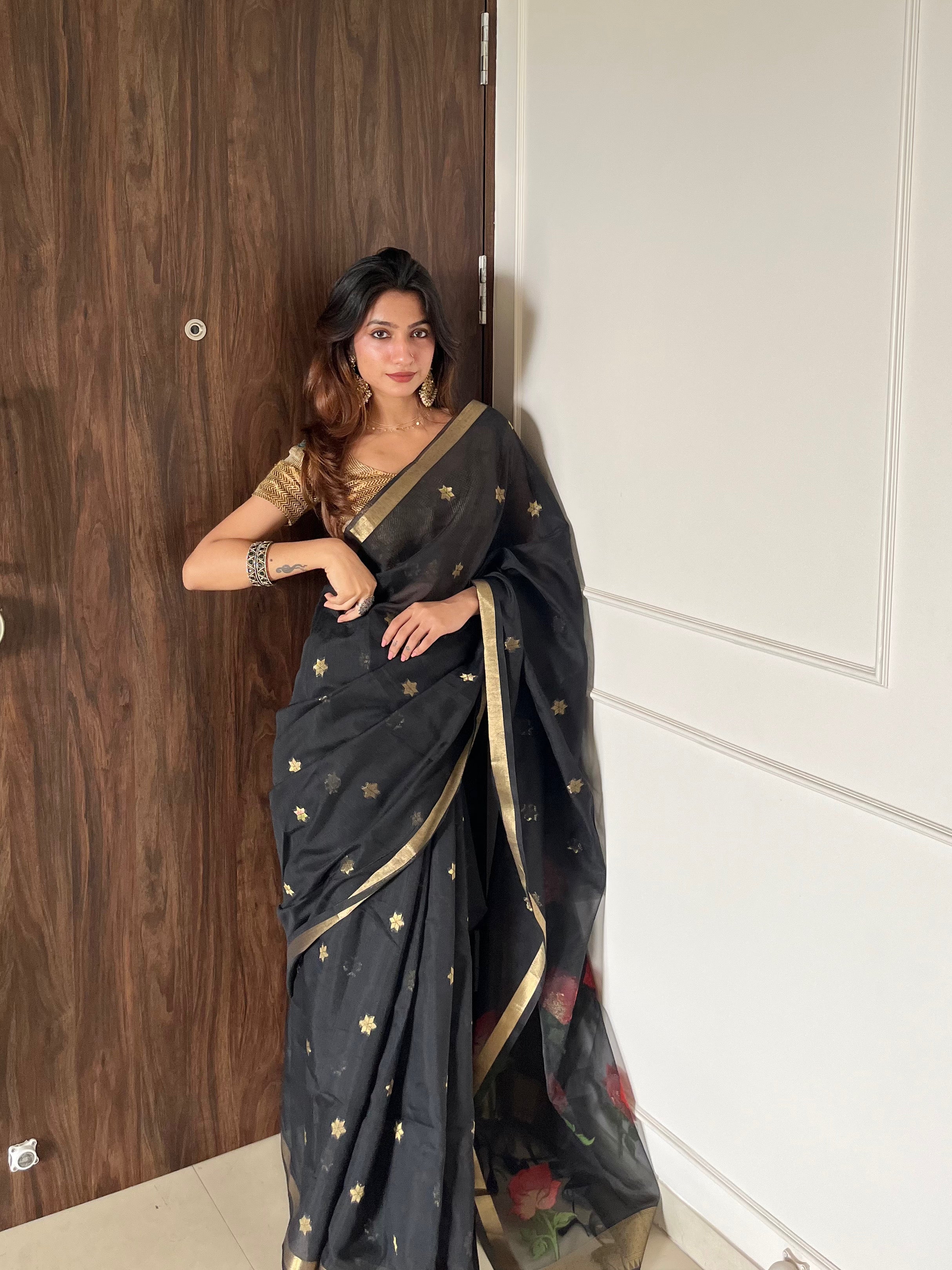 Buy MySilkLove Carbon Black Handloom Muga Cotton Saree Online