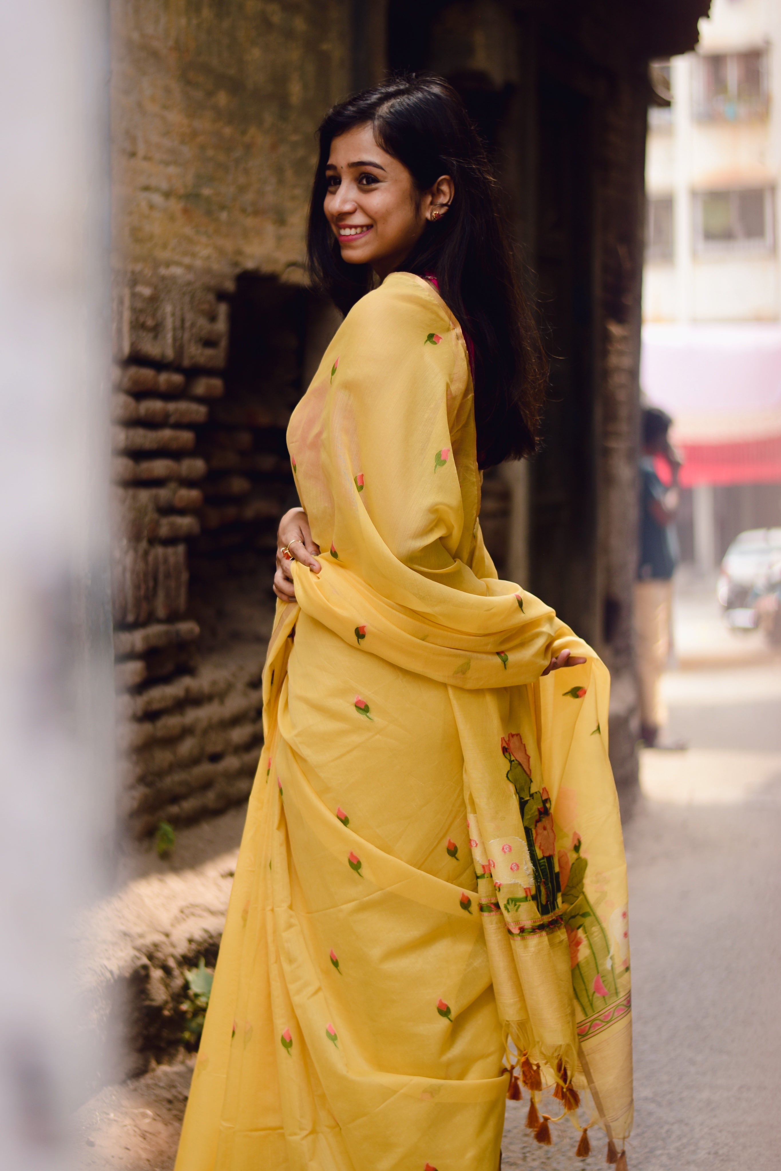 MySilkLove Apricot Yellow Cotton Handloom Pichwai Saree
