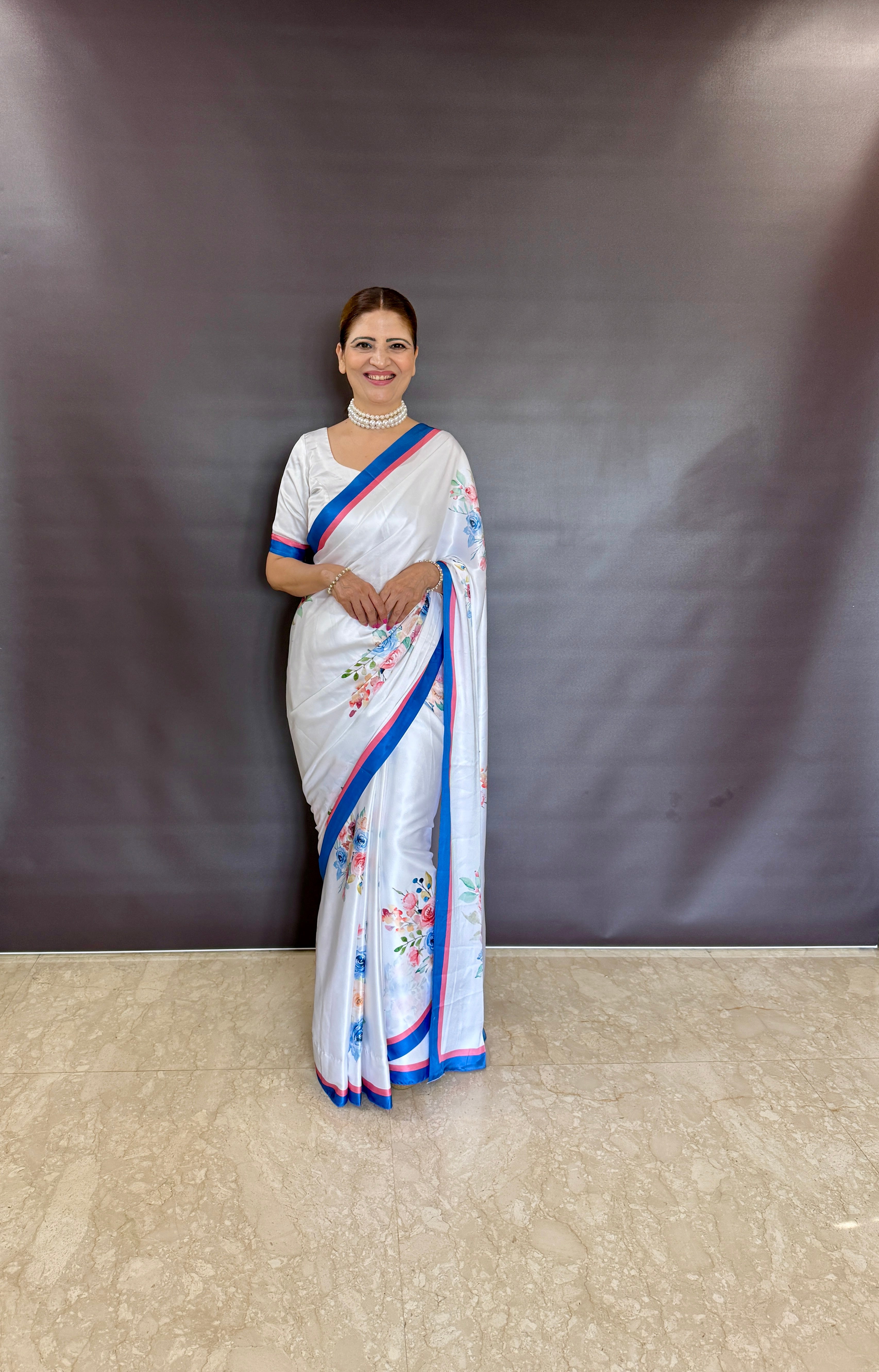 Buy MySilkLove Alia Bhatt Inspired Daisy White Floral Printed Satin Silk Saree Online