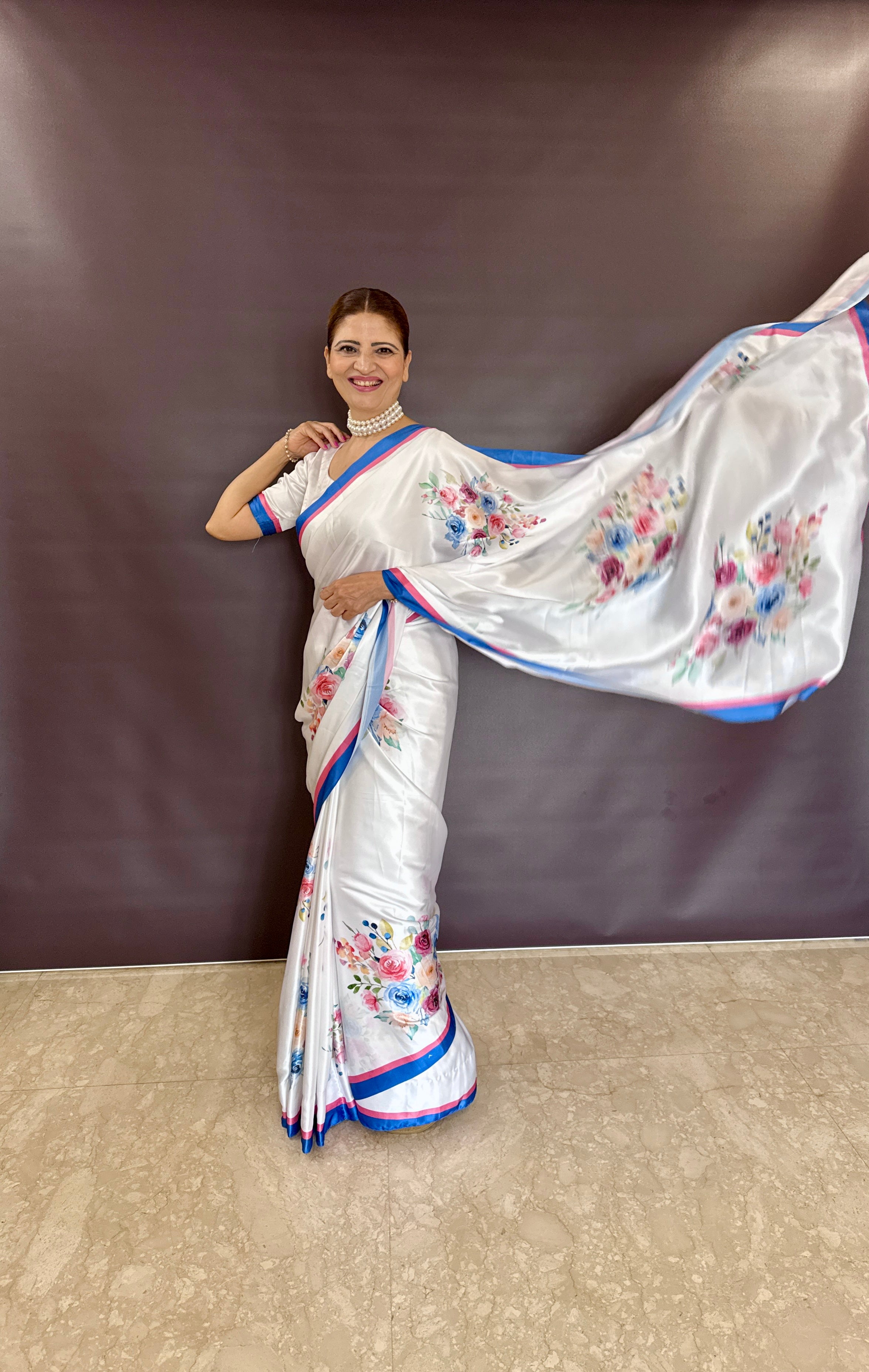 Buy MySilkLove Alia Bhatt Inspired Daisy White Floral Printed Satin Silk Saree Online