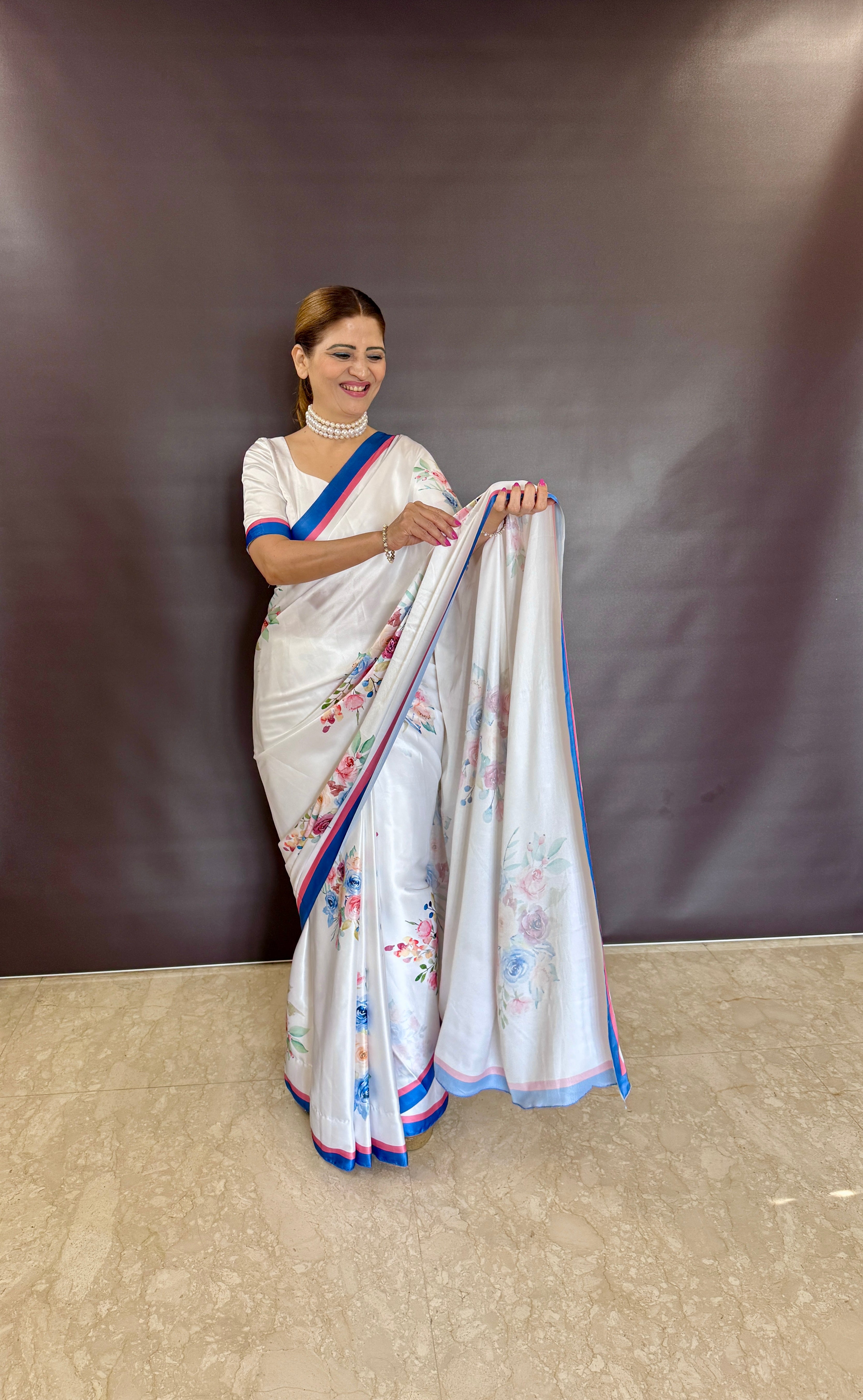 Buy MySilkLove Alia Bhatt Inspired Daisy White Floral Printed Satin Silk Saree Online