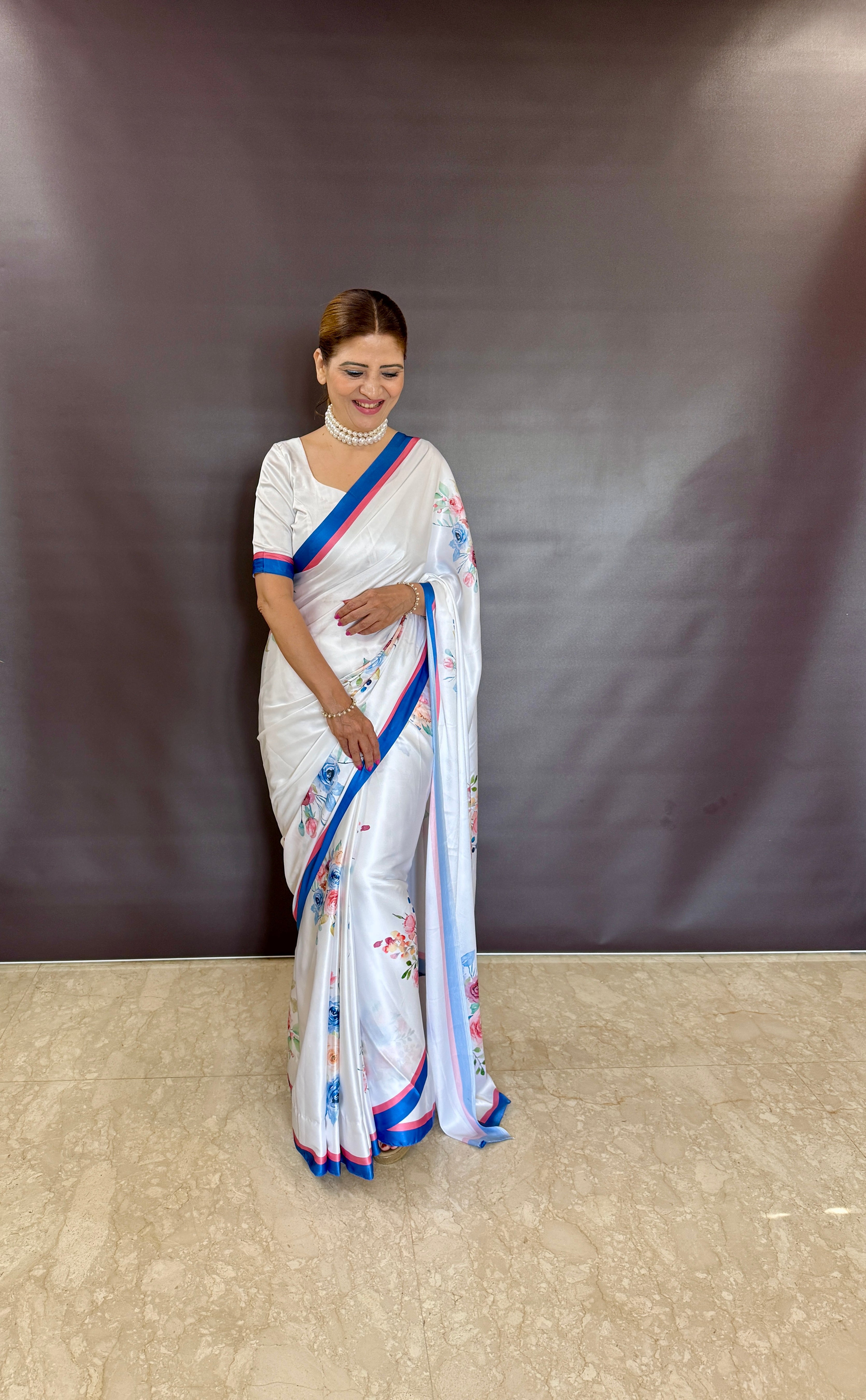 Buy MySilkLove Alia Bhatt Inspired Daisy White Floral Printed Satin Silk Saree Online