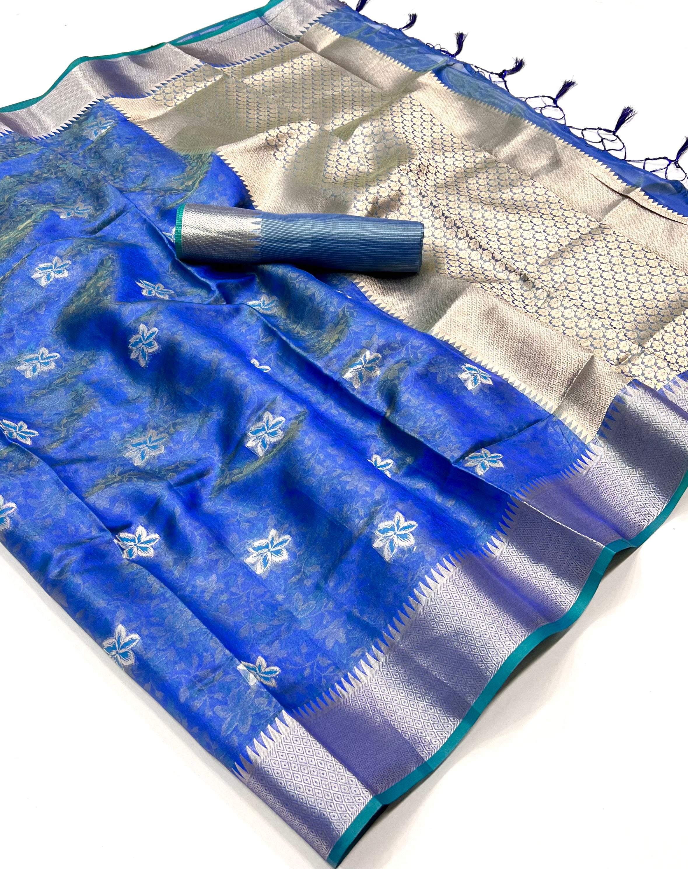 Buy MySilkLove Norway Blue Dual Tone Banarasi Organza Silk Saree Online