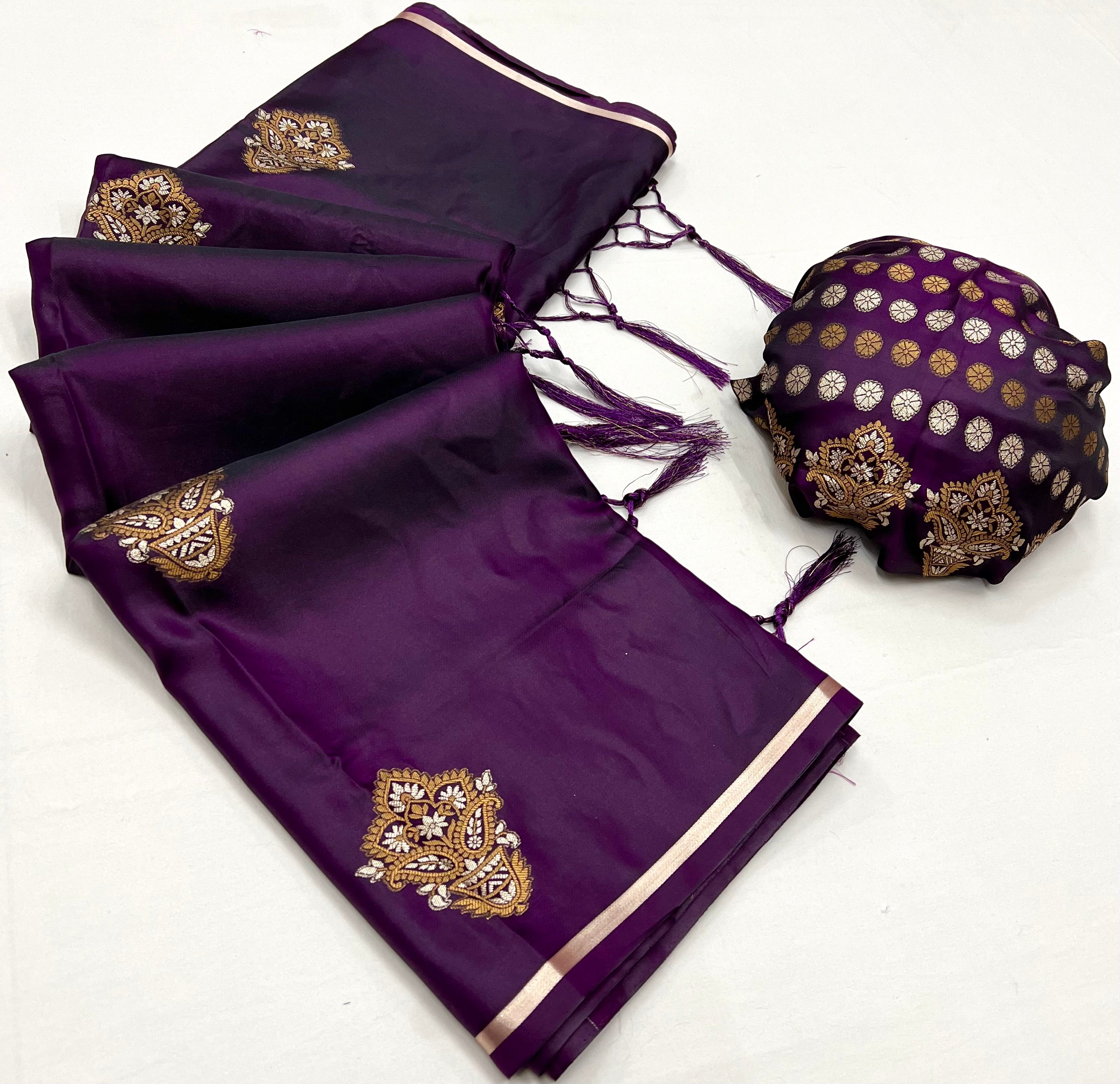 Buy MySilkLove Eggplant Purple Woven Banarasi Satin Silk Saree Online