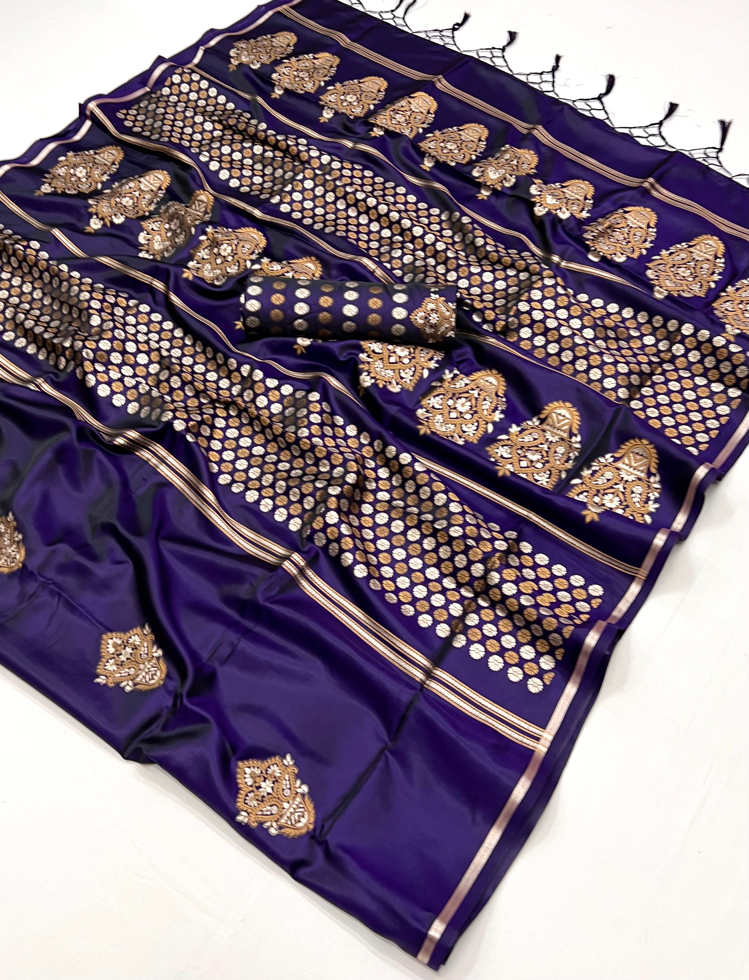 Buy MySilkLove Revolver Blue Woven Banarasi Satin Silk Saree Online