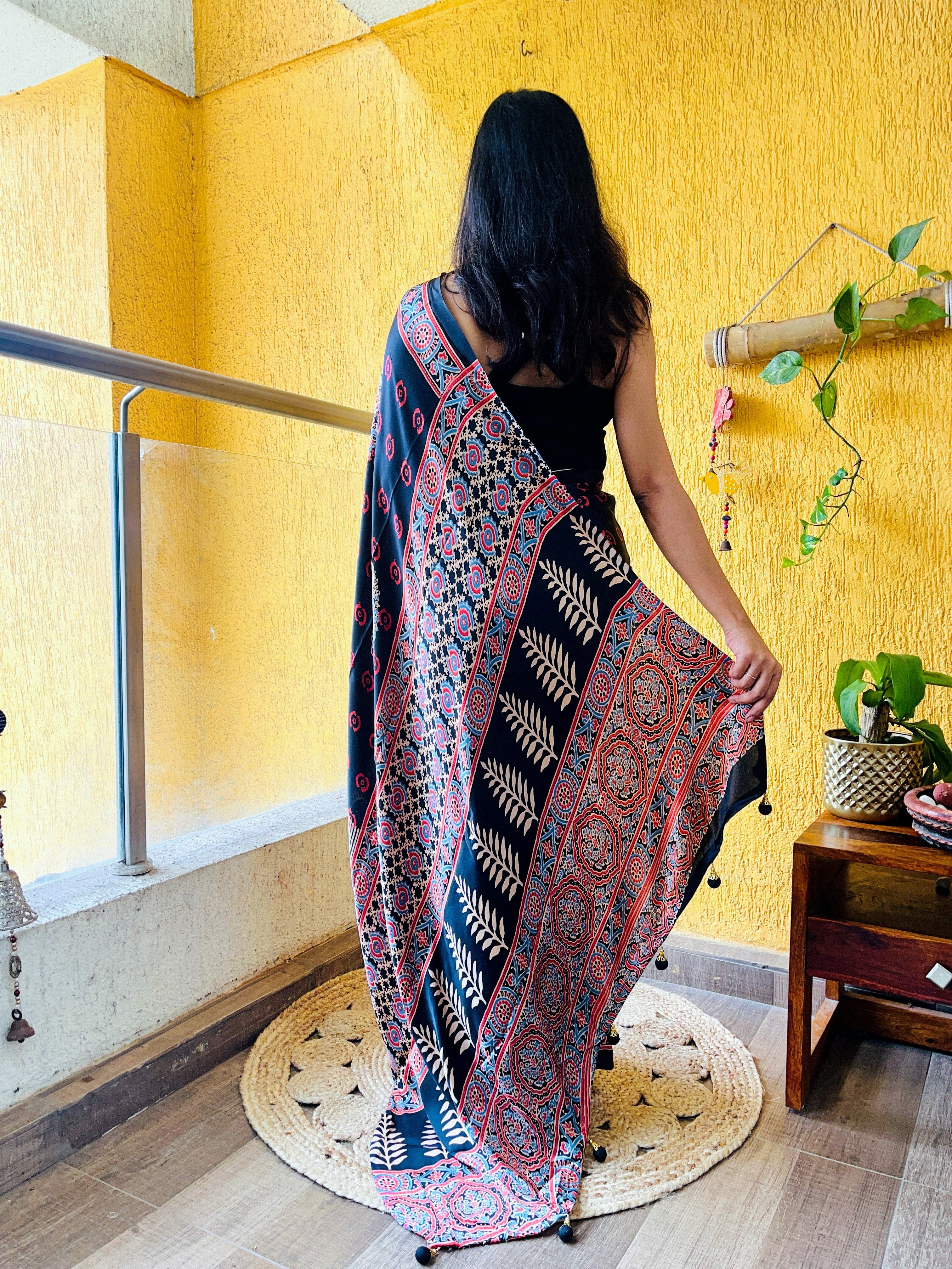 MySilkLove Panther Black Ajrakh Printed Satin Silk Saree