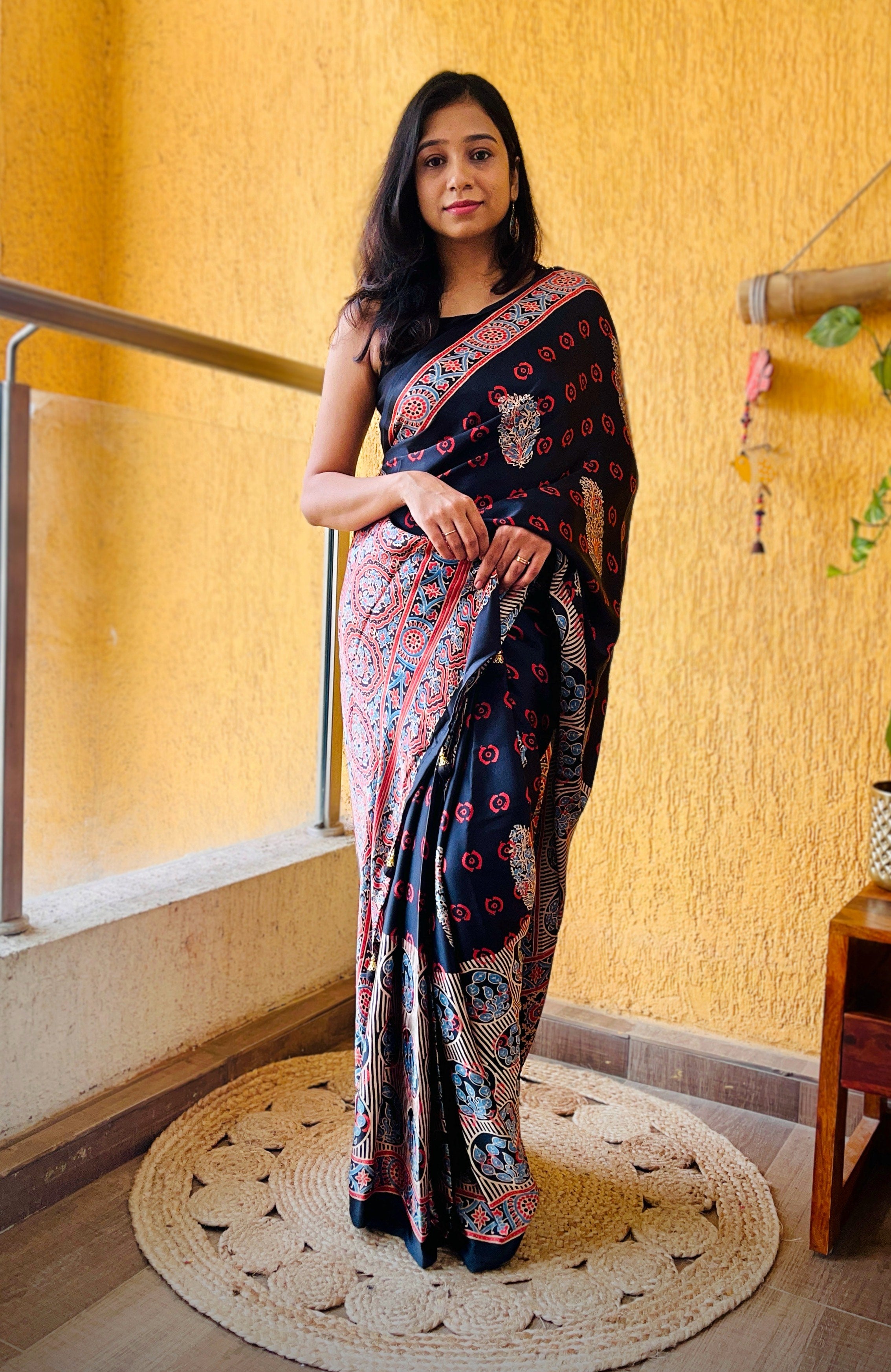 Buy MySilkLove Panther Black Ajrakh Printed Satin Silk Saree Online