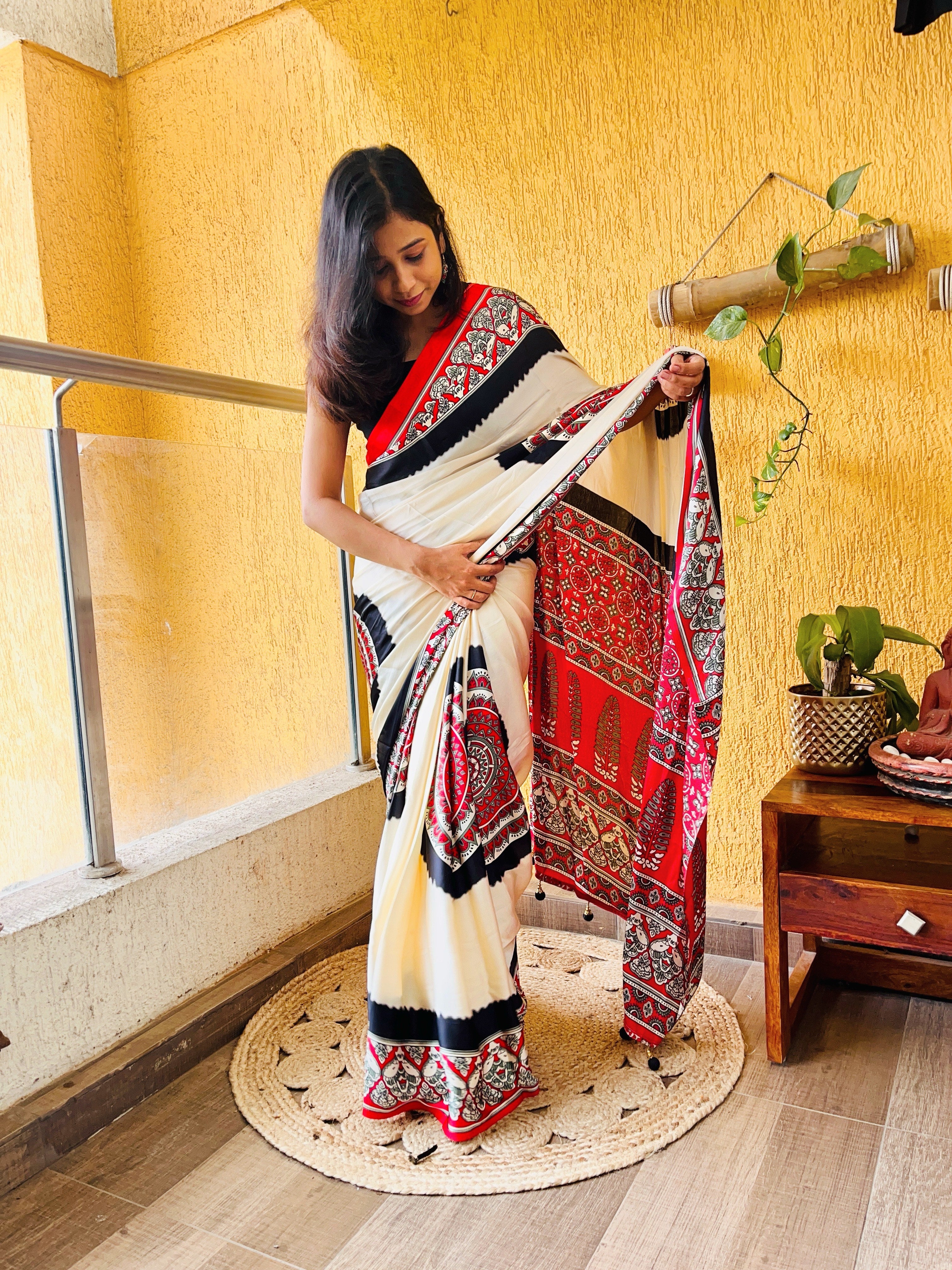 MySilkLove Dutch White Ajrakh Printed Satin Silk Saree