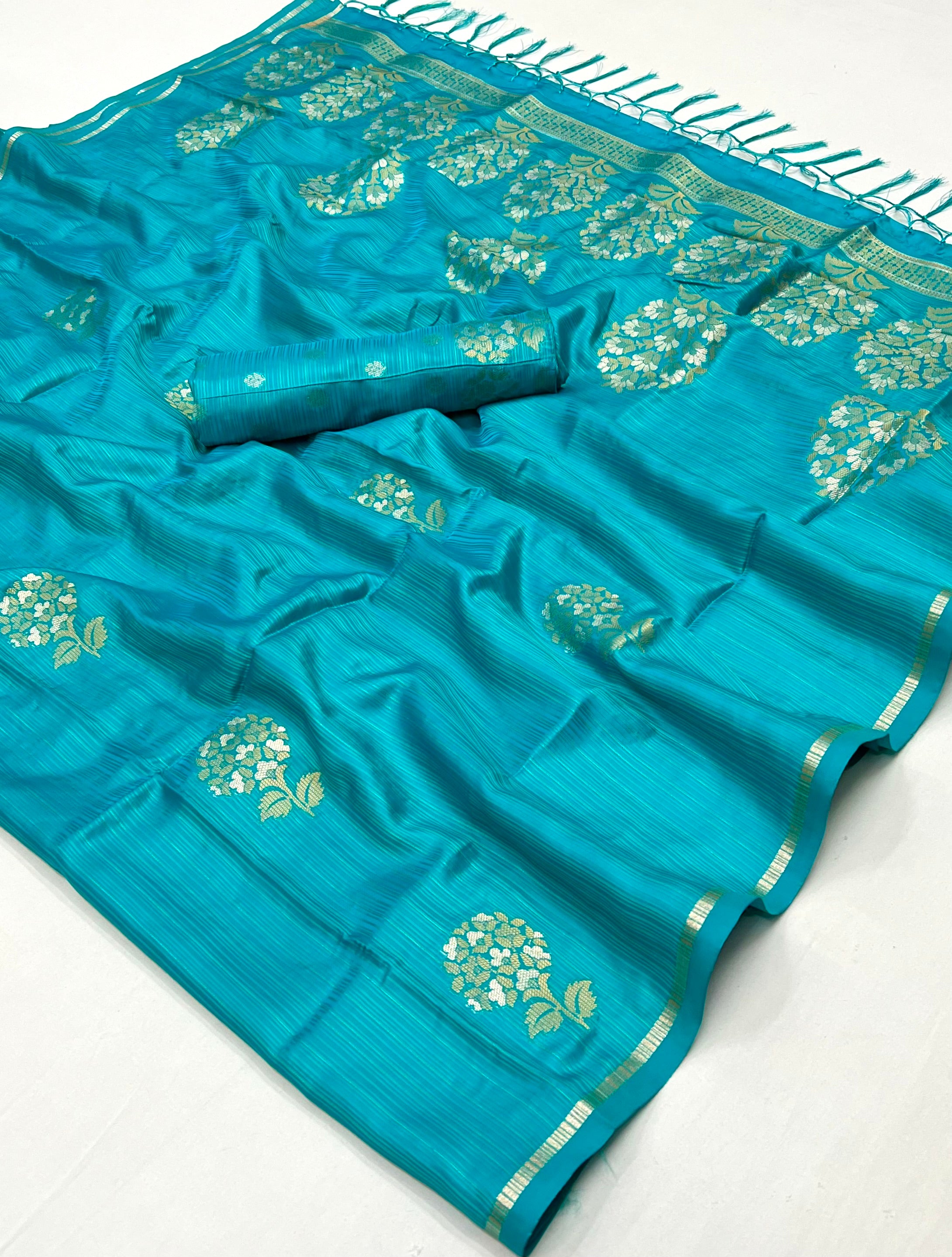 Buy MySilkLove Pacific Blue Woven Banarasi Satin Silk Saree Online