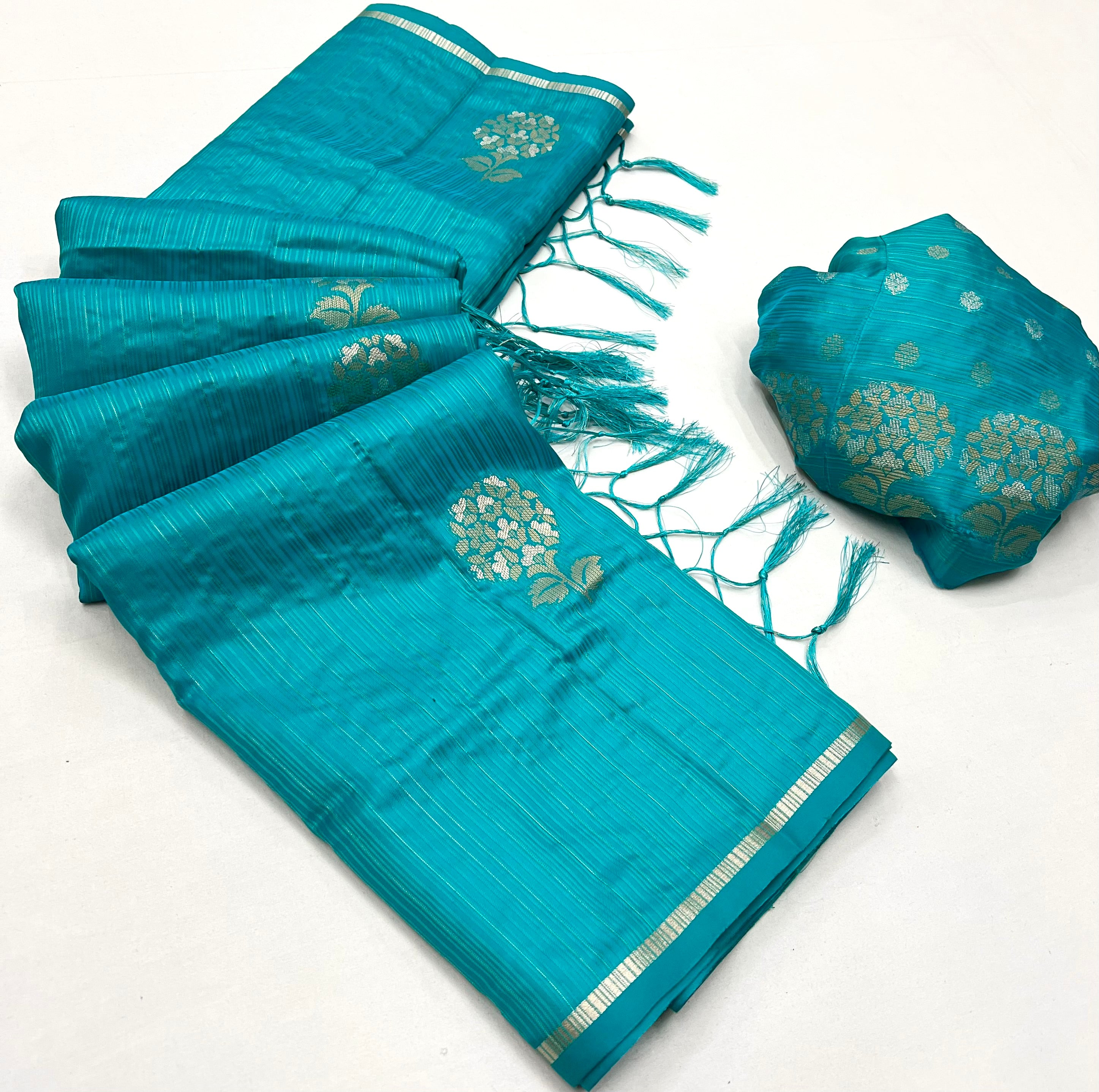 Buy MySilkLove Pacific Blue Woven Banarasi Satin Silk Saree Online