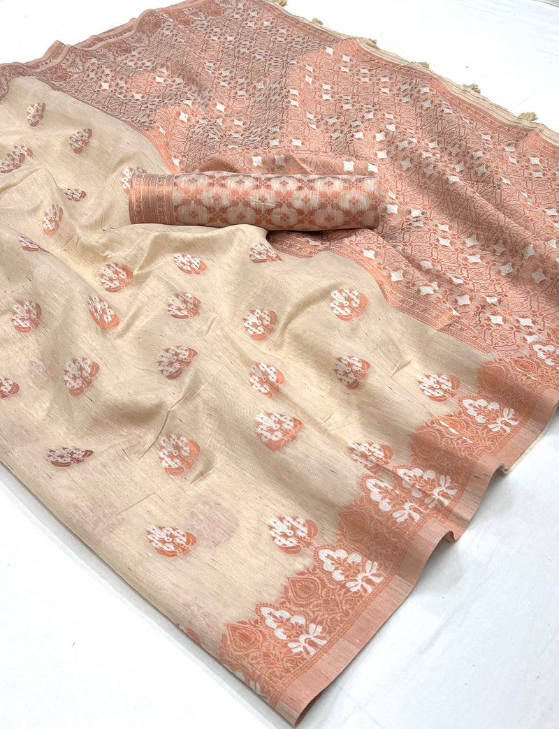 Rose Fog Pink Bronze Zari Woven Linen Silk Saree