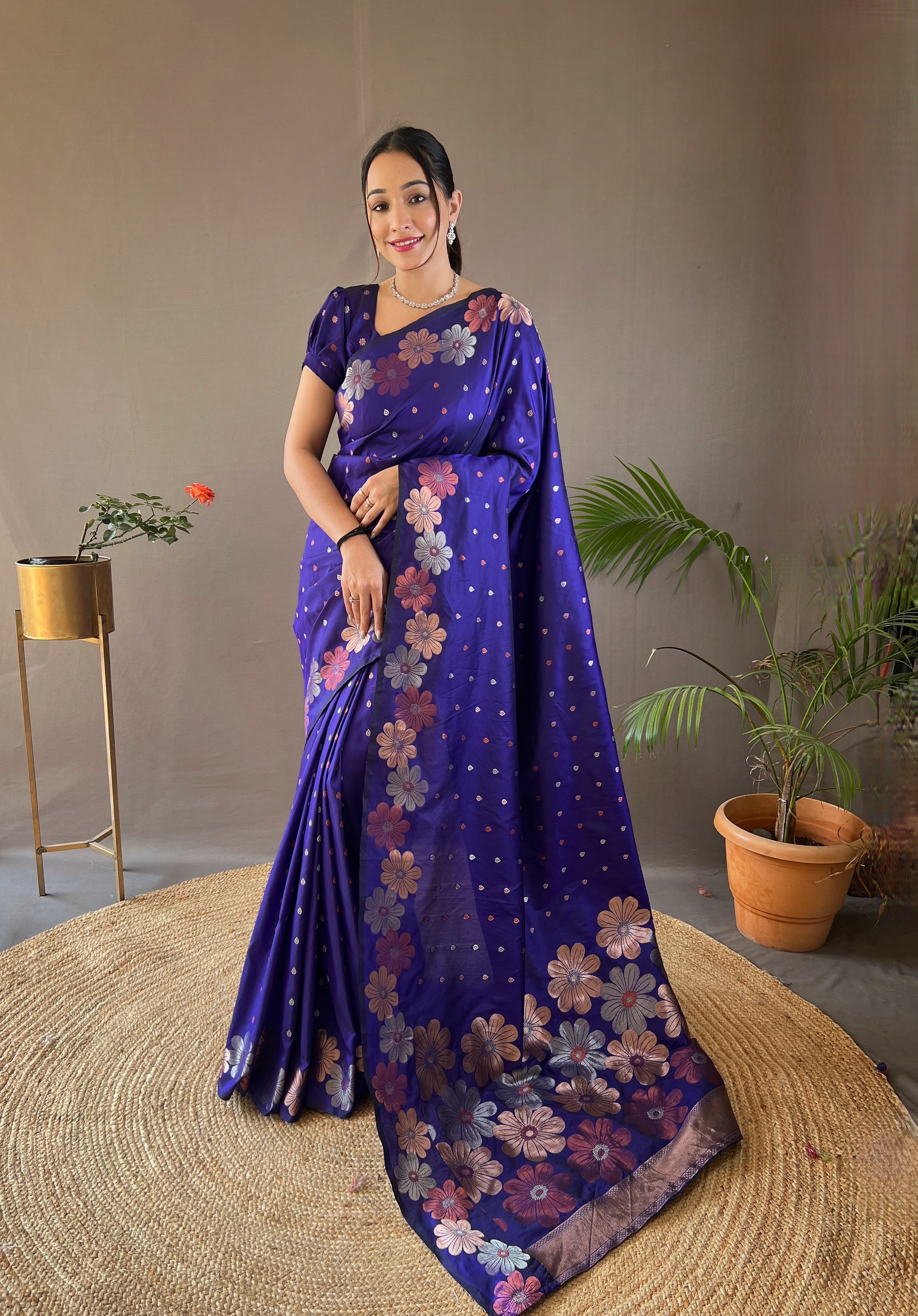 Buy MySilkLove Minsk Blue Woven Floral Designer Silk Saree Online