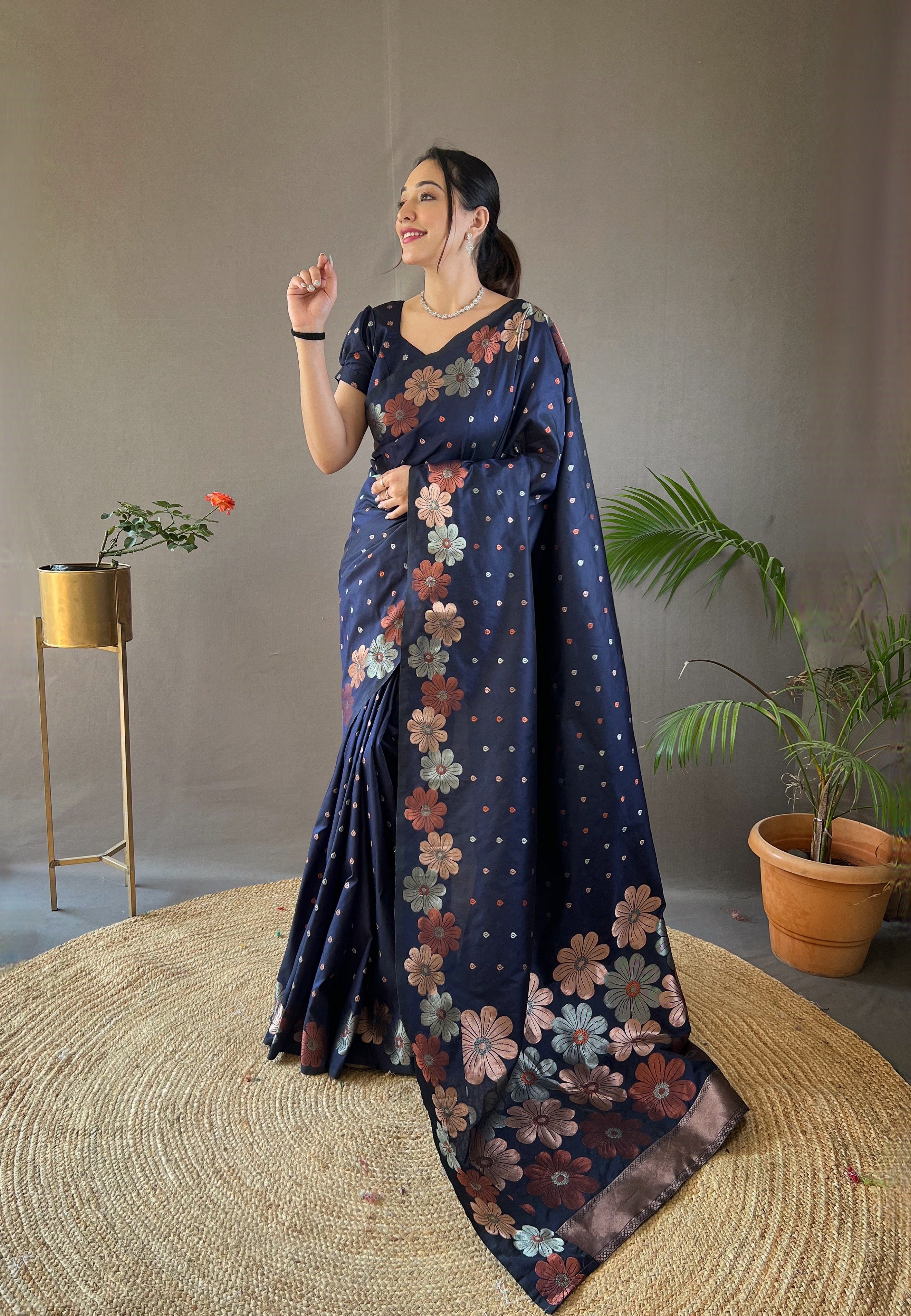 Buy MySilkLove Rhino Blue Floral Woven Designer Silk Saree Online