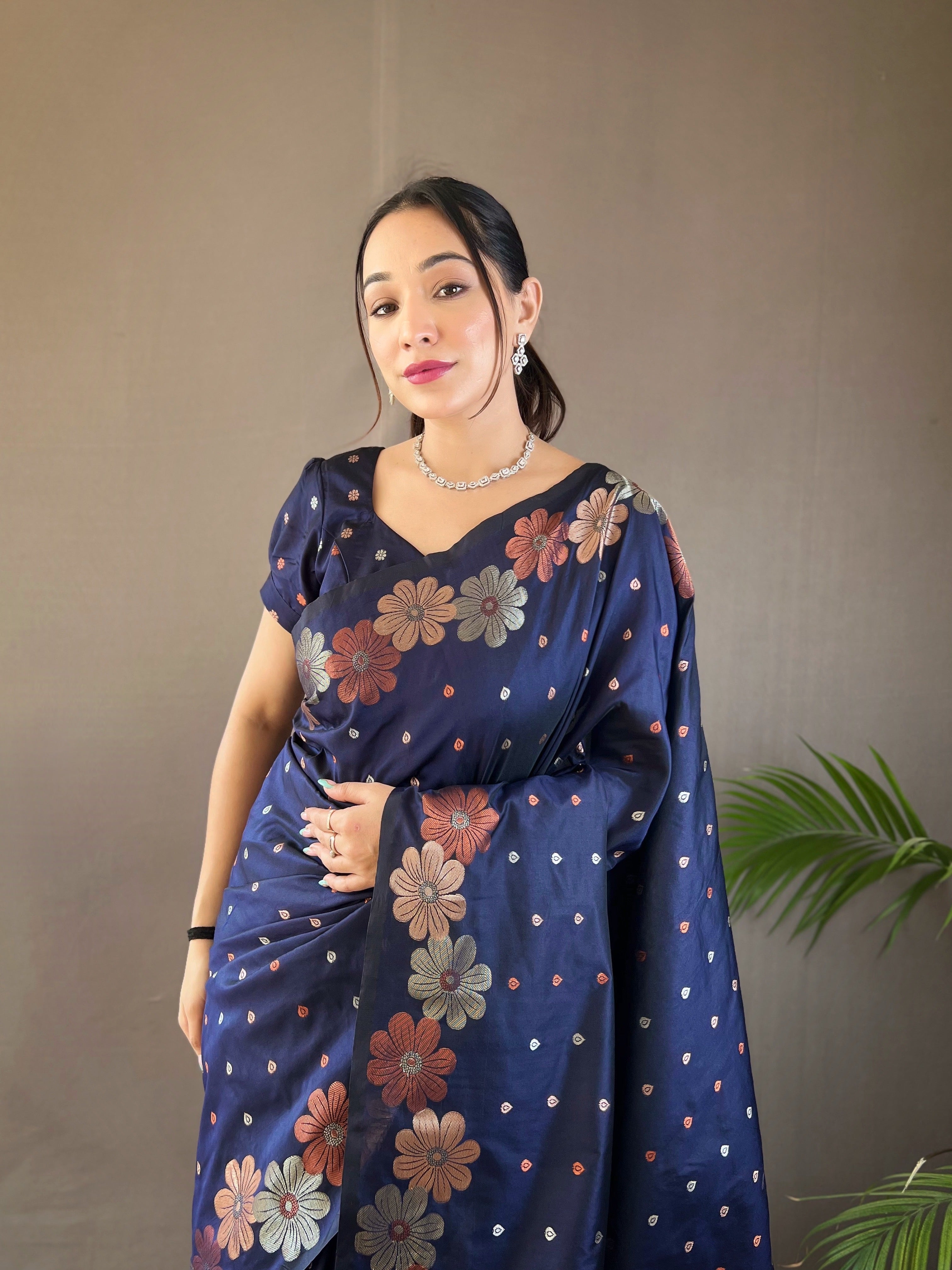 MySilkLove Rhino Blue Floral Woven Designer Silk Saree