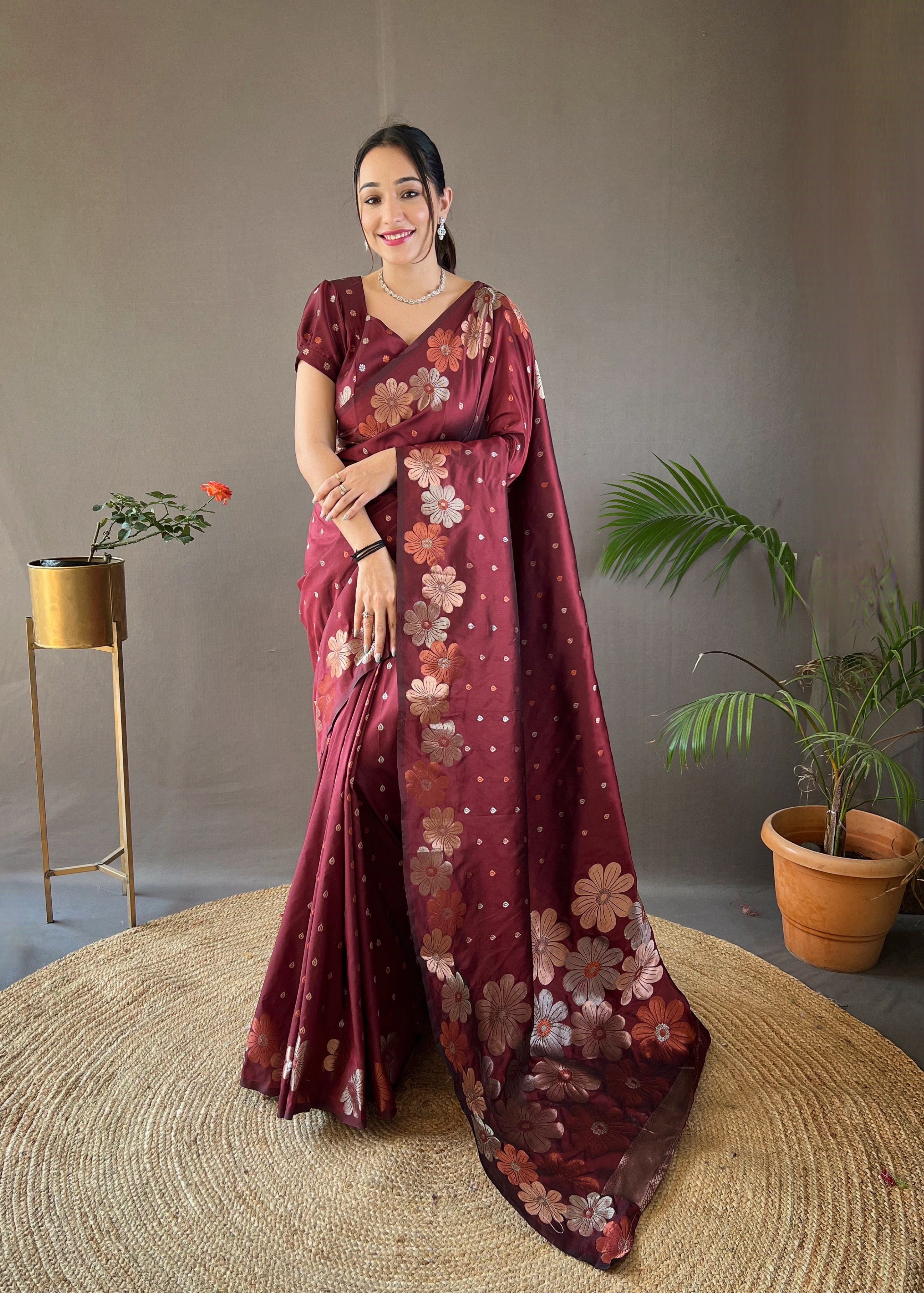 Buy MySilkLove Tosca Marron Woven Floral Designer Silk Saree Online