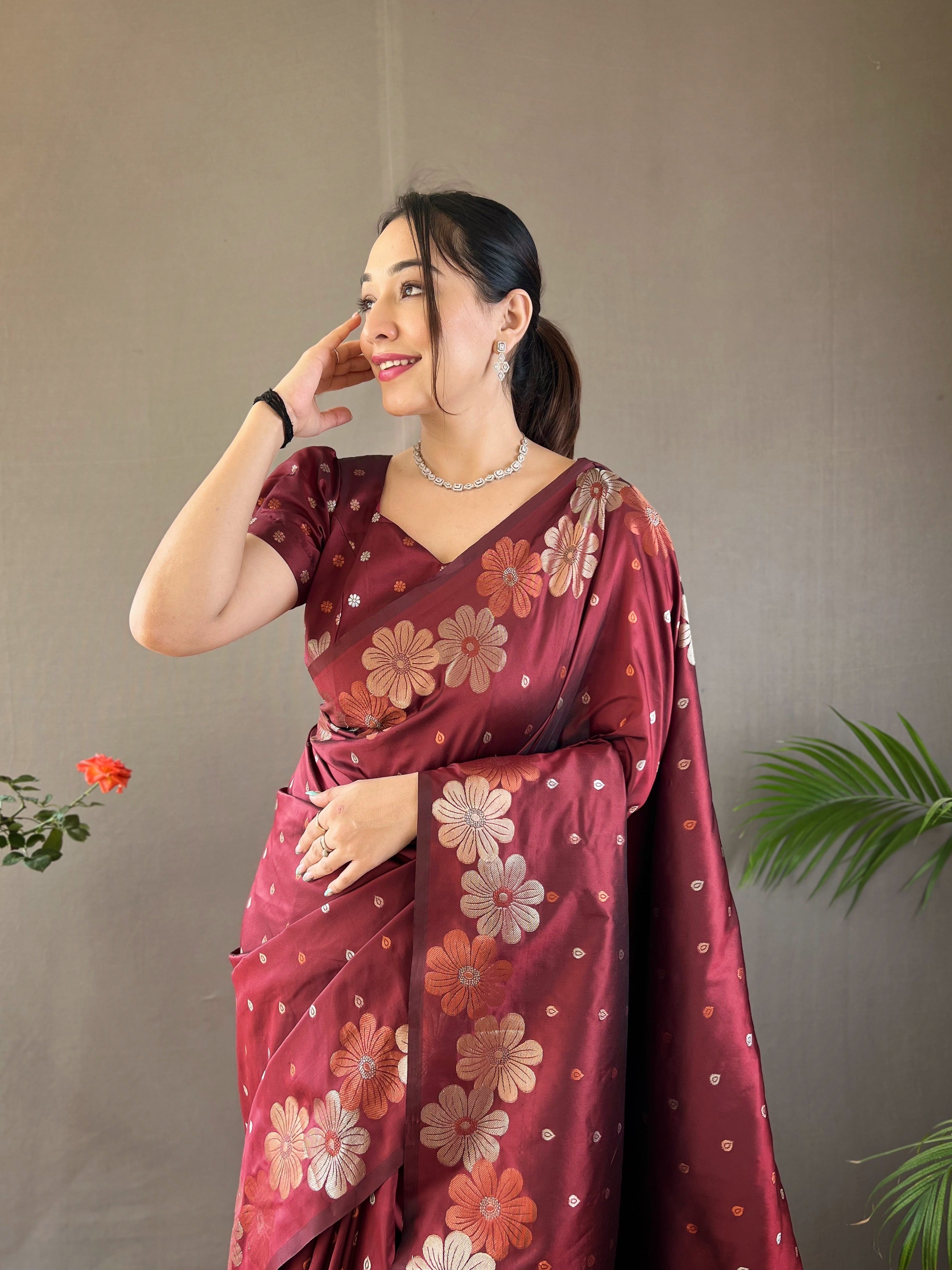 Buy MySilkLove Tosca Marron Woven Floral Designer Silk Saree Online