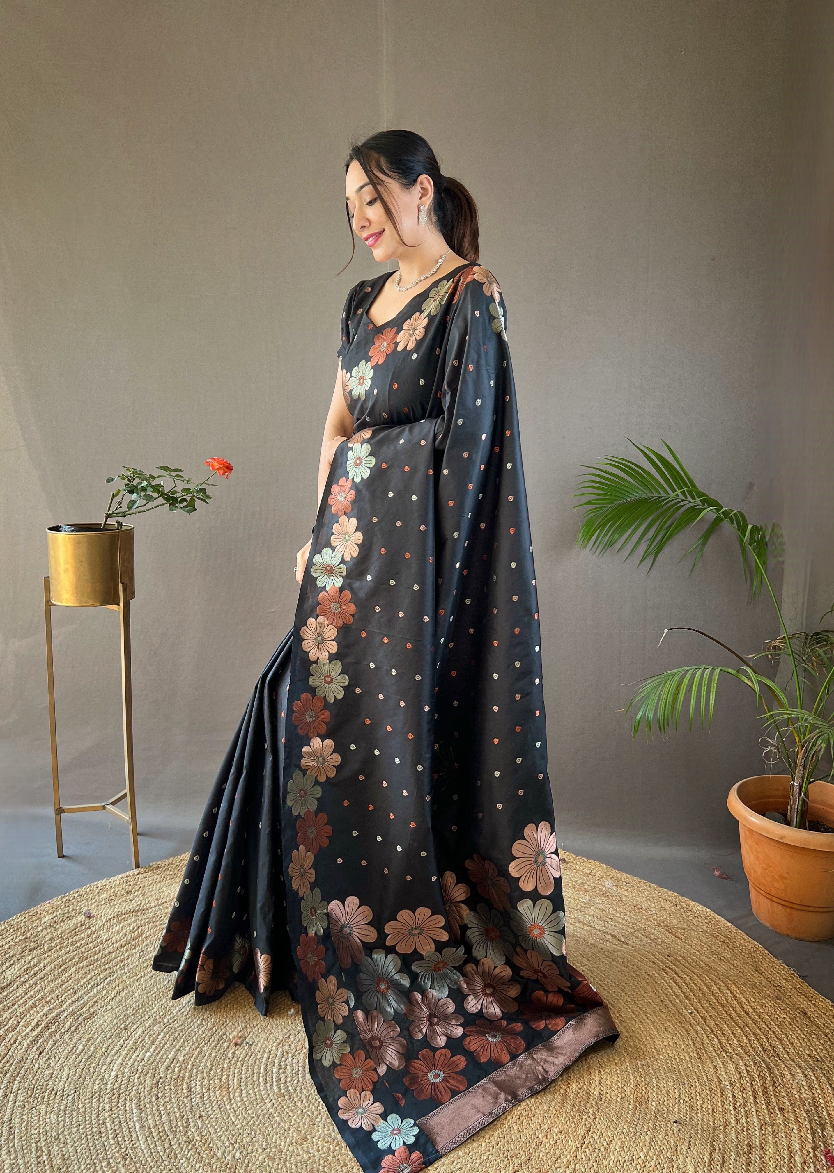 Buy MySilkLove Bunker Black Woven Floral Designer Silk Saree Online