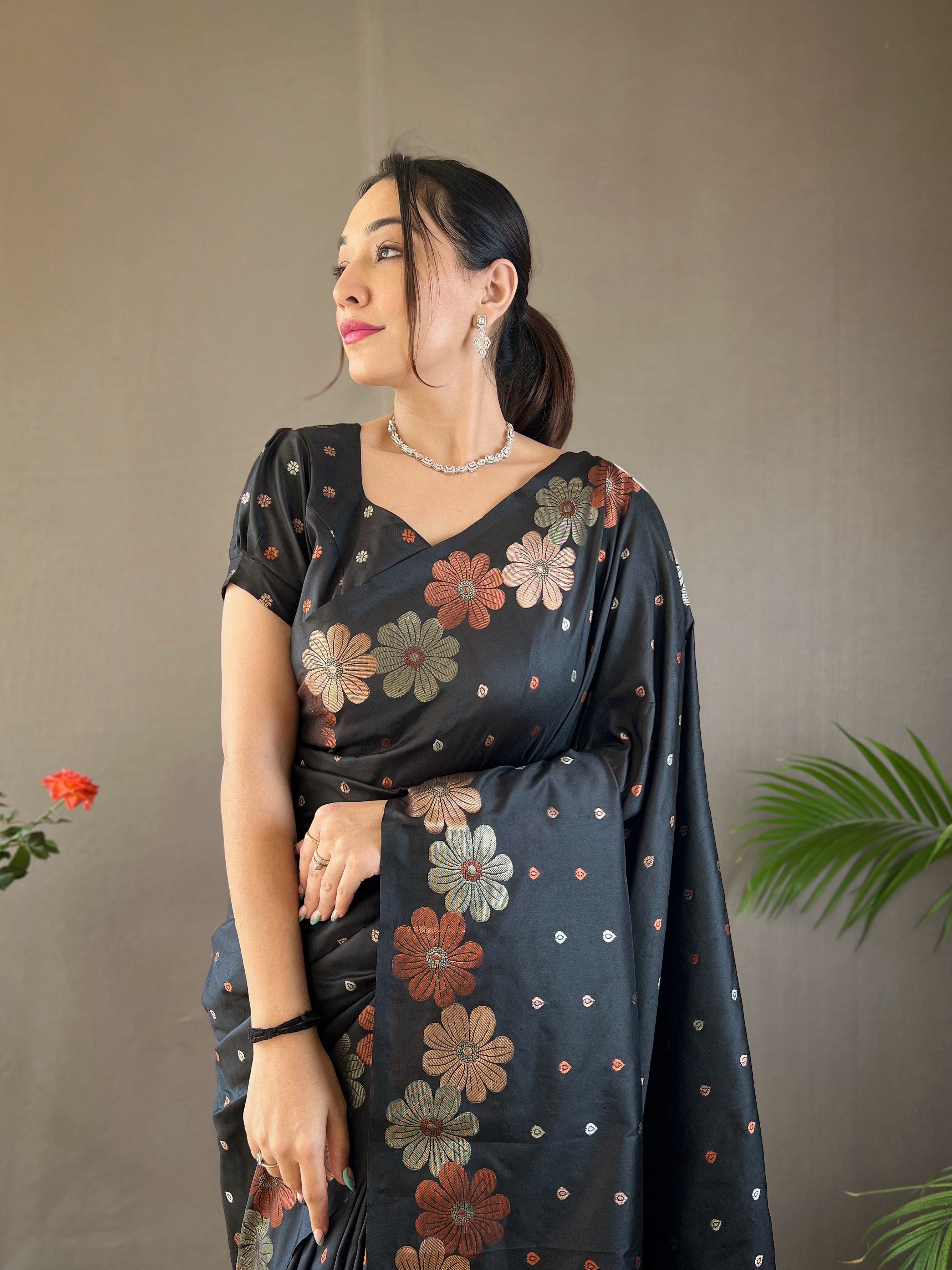 Buy MySilkLove Bunker Black Woven Floral Designer Silk Saree Online