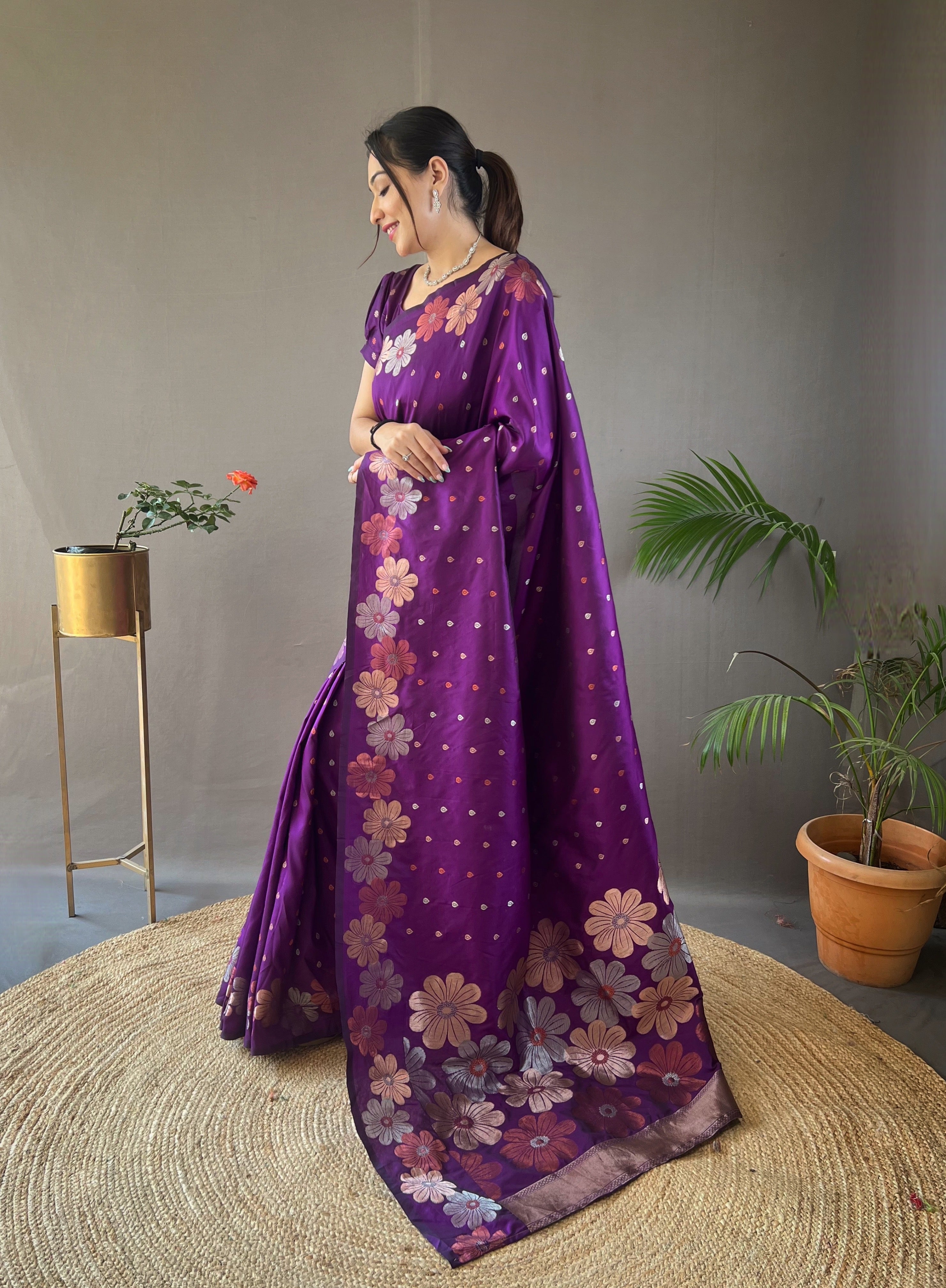 Buy MySilkLove Plum Purple Floral Woven Designer Silk Saree Online