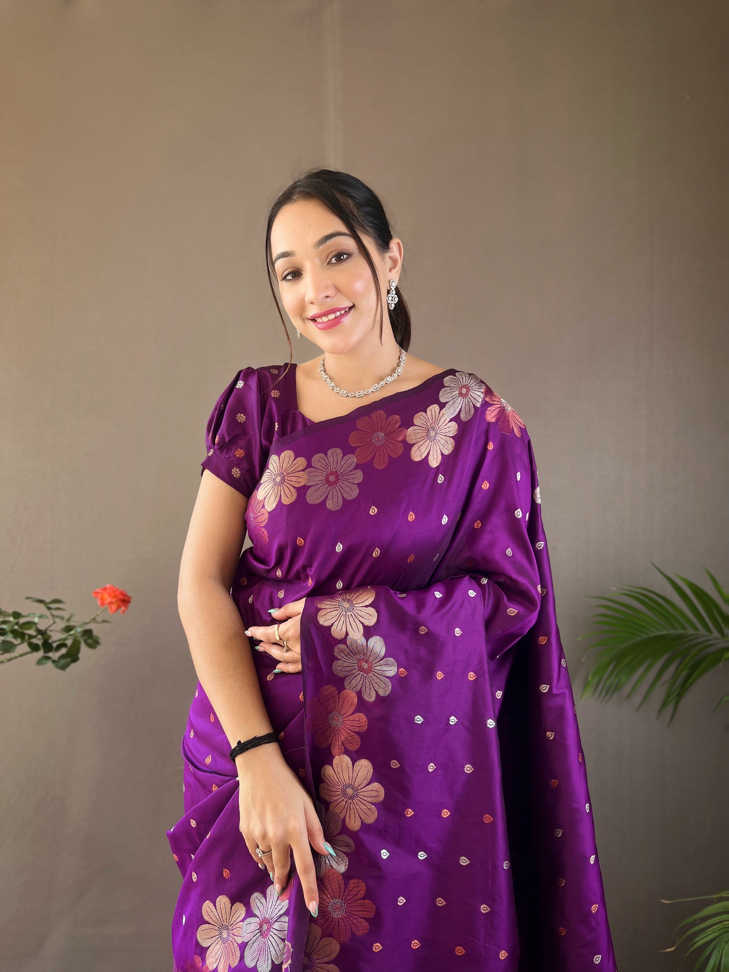 MySilkLove Plum Purple Floral Woven Designer Silk Saree