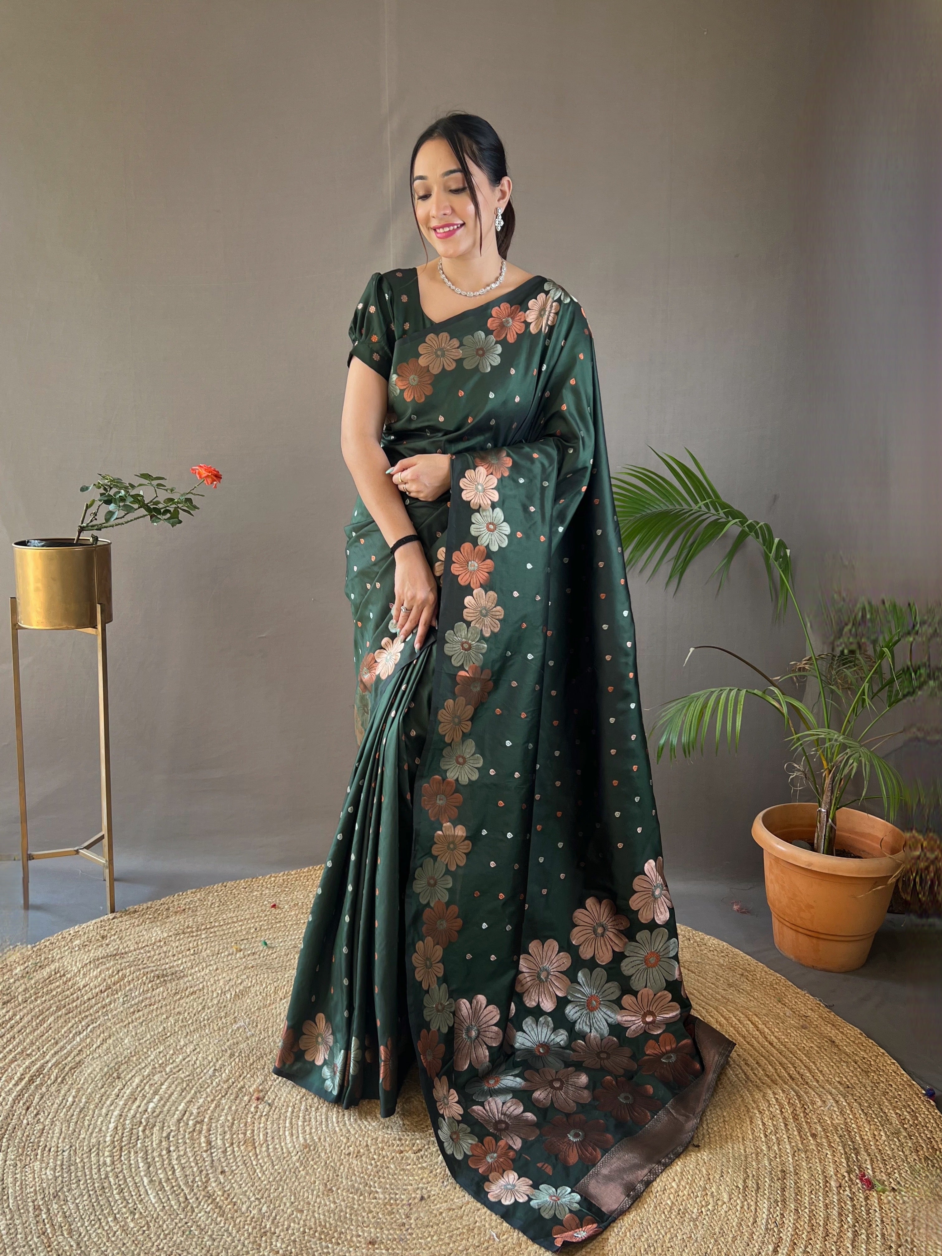 Buy MySilkLove Cuty Sark Green Floral Woven Designer Silk Saree Online