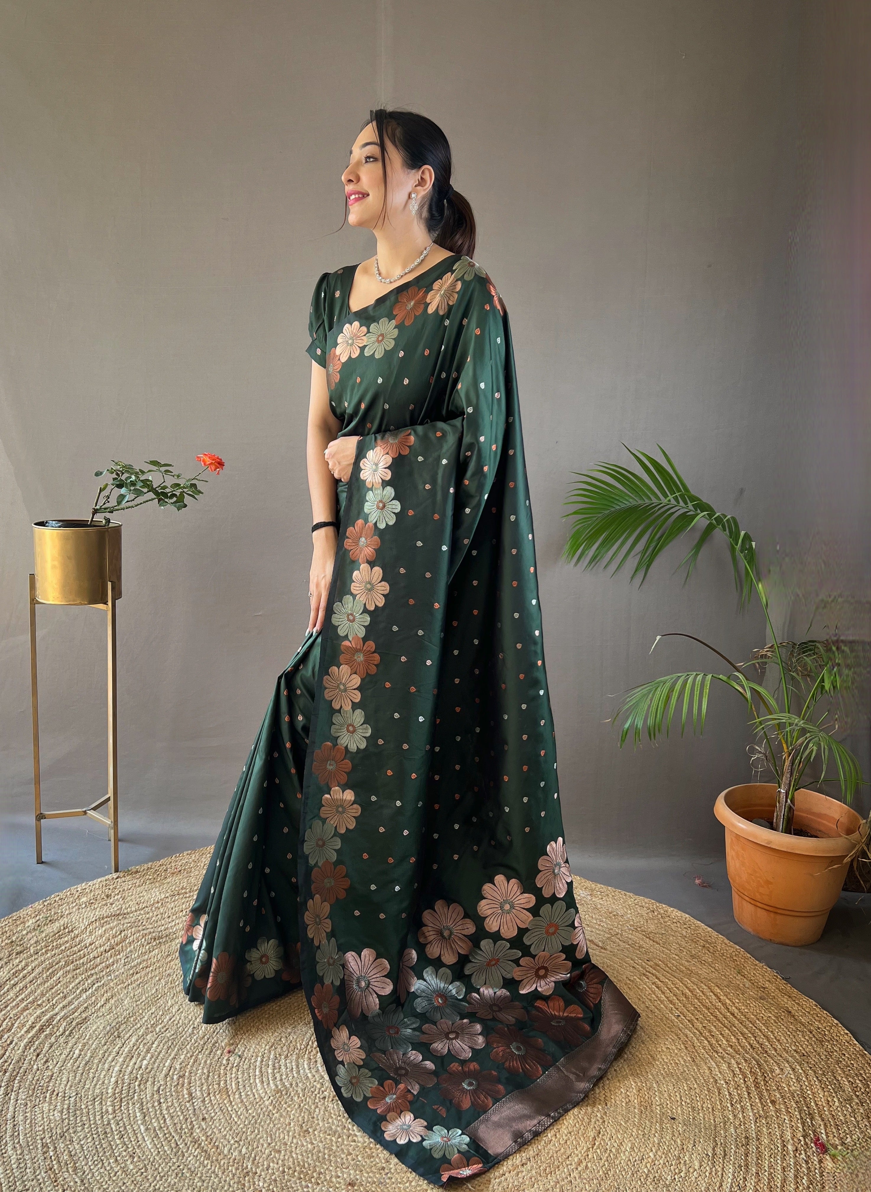 Buy MySilkLove Cuty Sark Green Floral Woven Designer Silk Saree Online