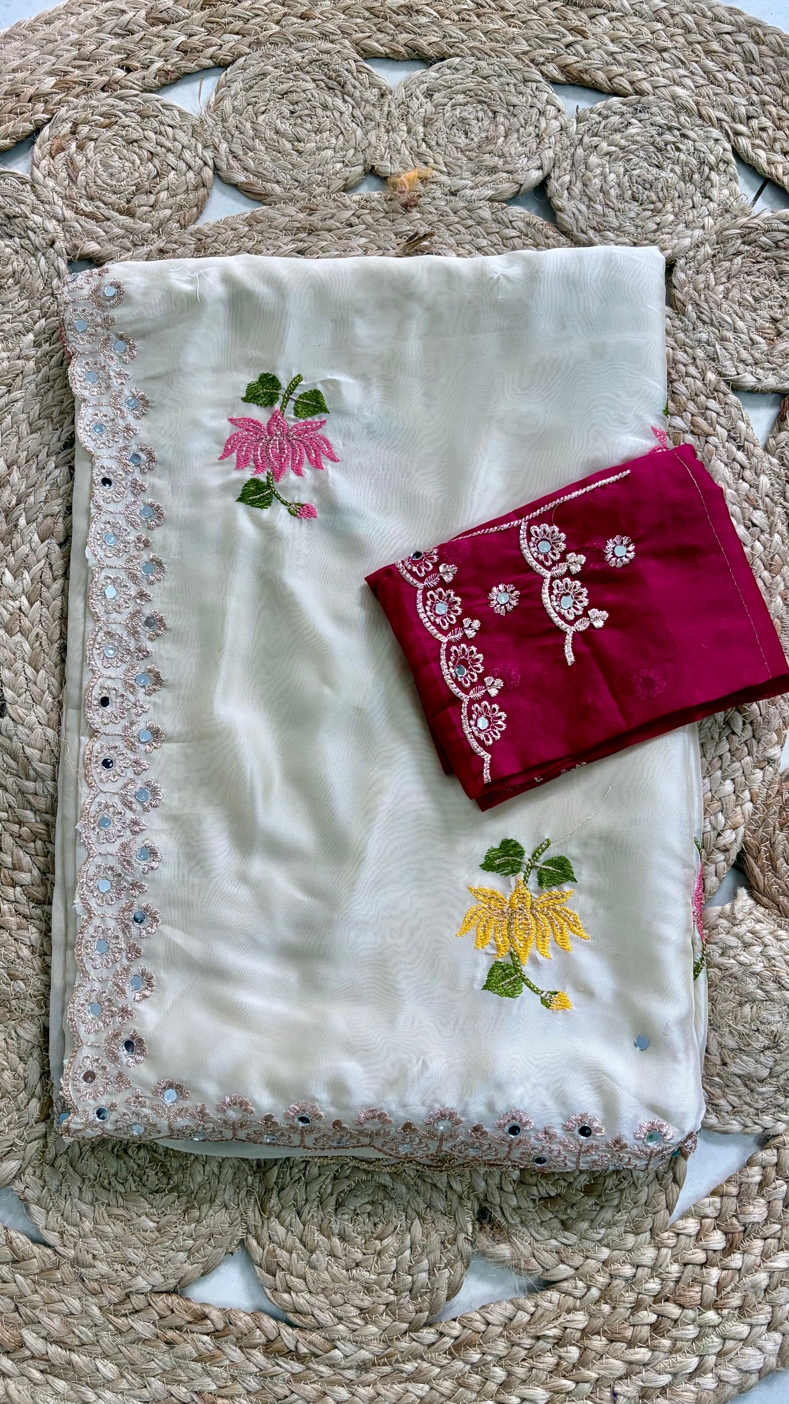 Buy MySilkLove Dutch Cream and Yellow Embroidery Chiffon Floral Saree Online