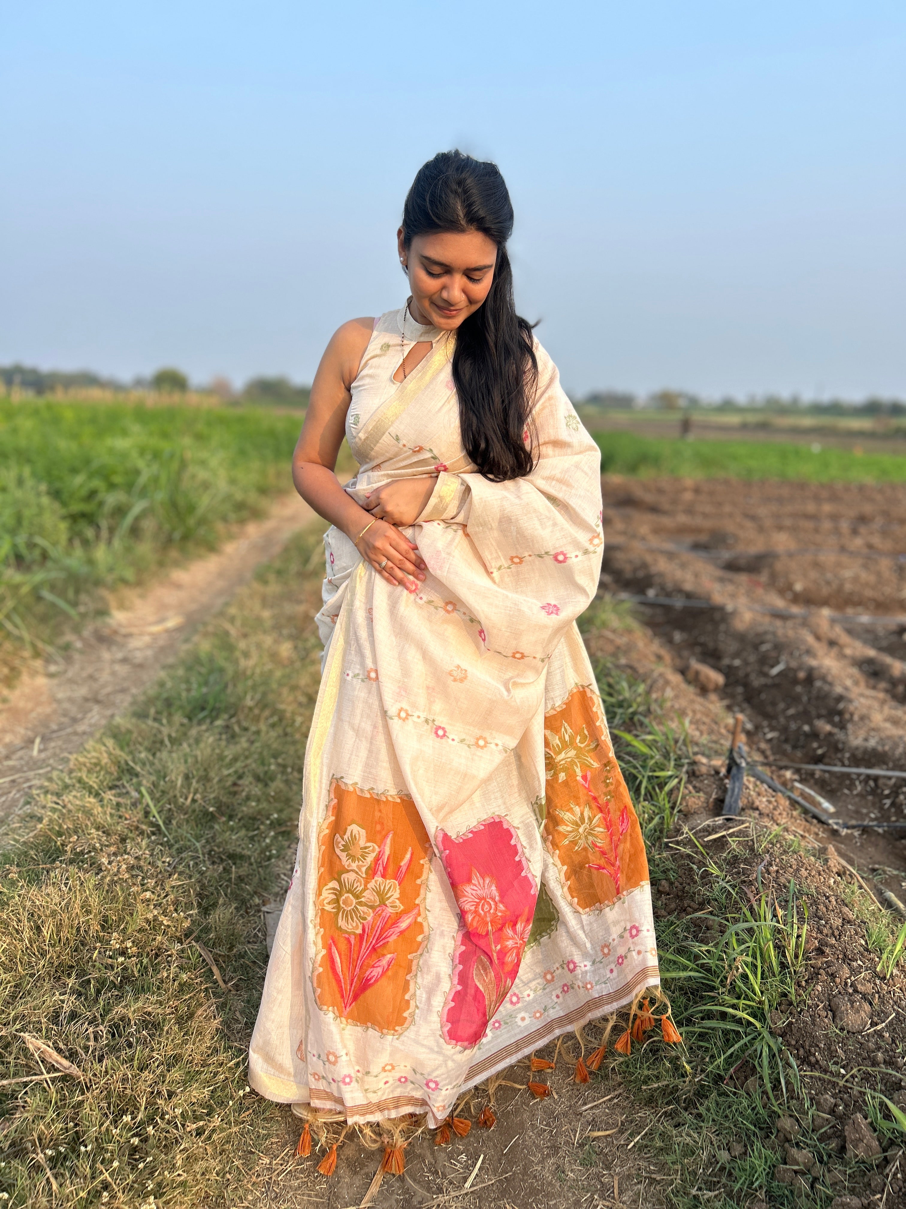 Buy MySilkLove Coconut Cream Handloom Muga Cotton Saree Online