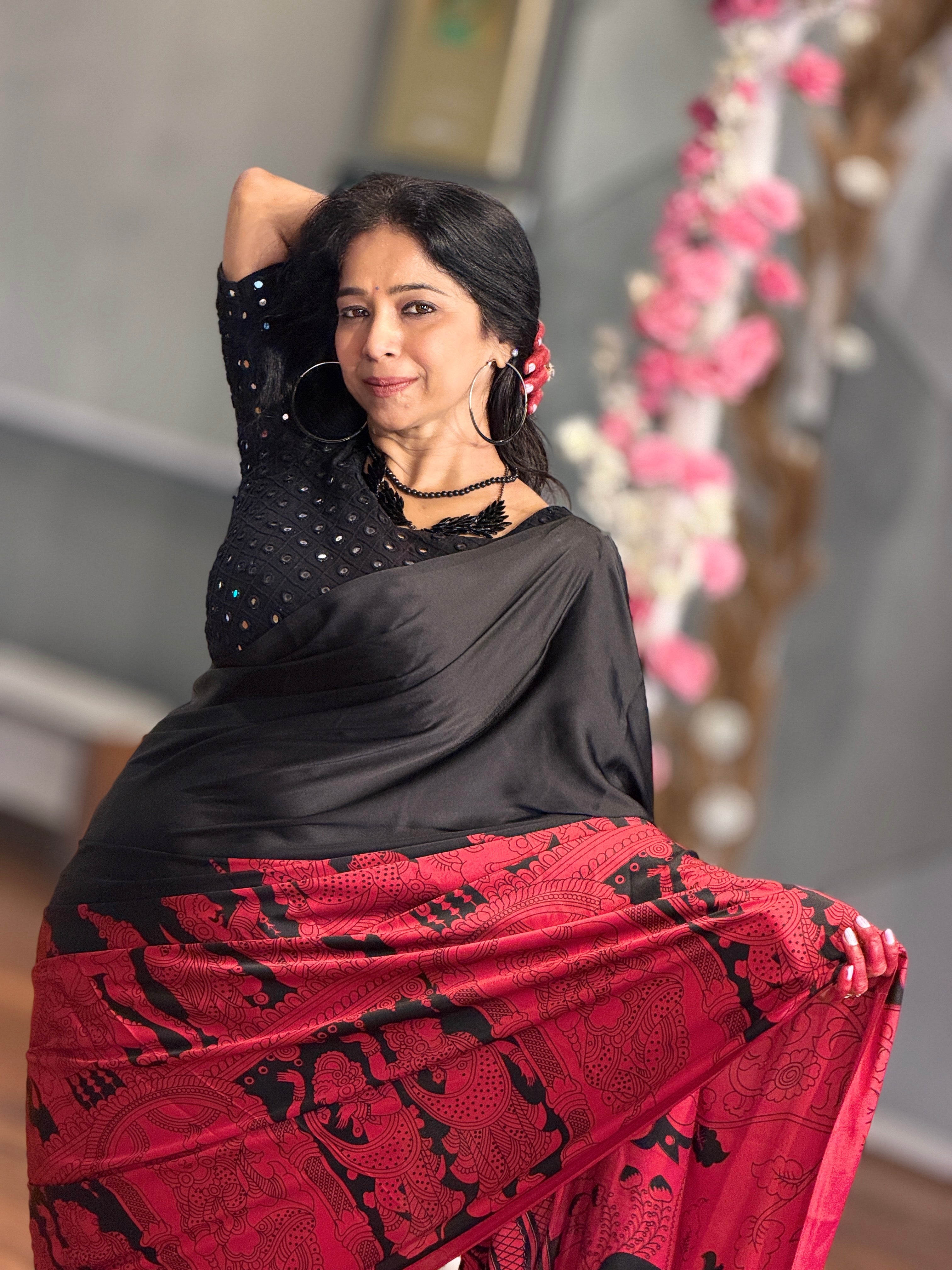 Buy MySilkLove Tuna Black and Red Ajrakh Printed Satin Crepe Silk Saree Online
