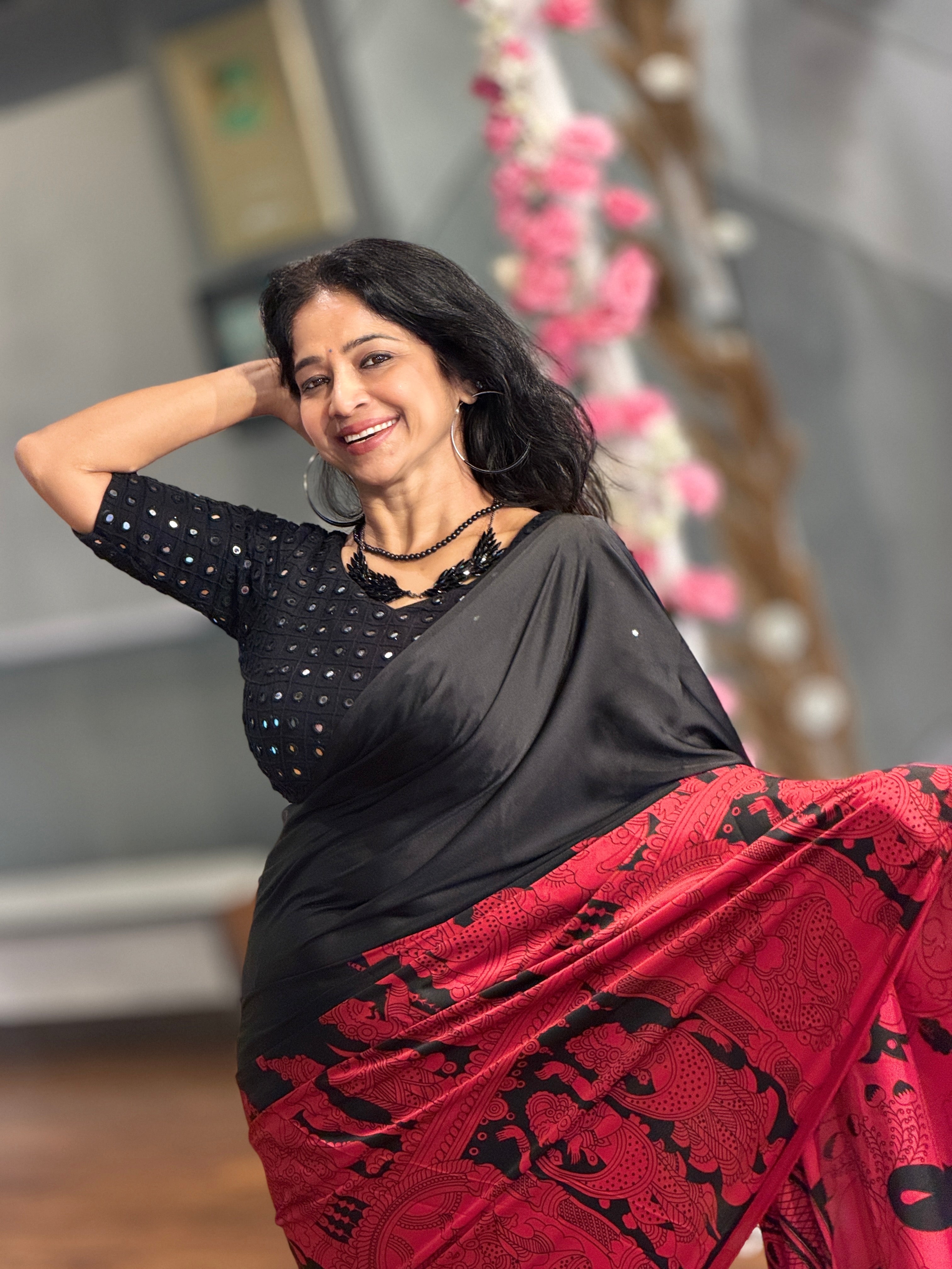 MySilkLove Tuna Black and Red Ajrakh Printed Satin Crepe Silk Saree