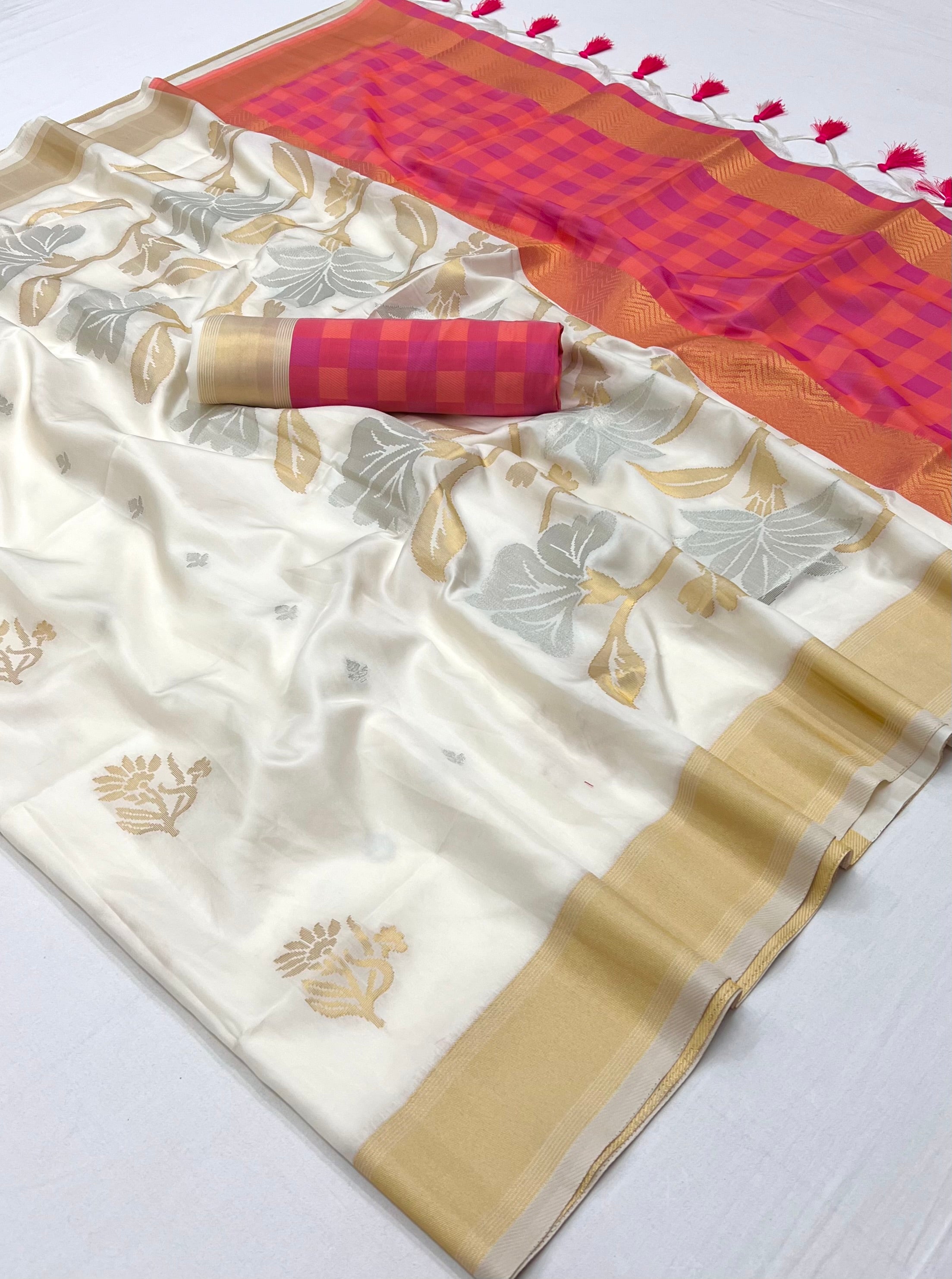 Buy MySilkLove Petunia Flowers White Banarasi Handloom Saree Online