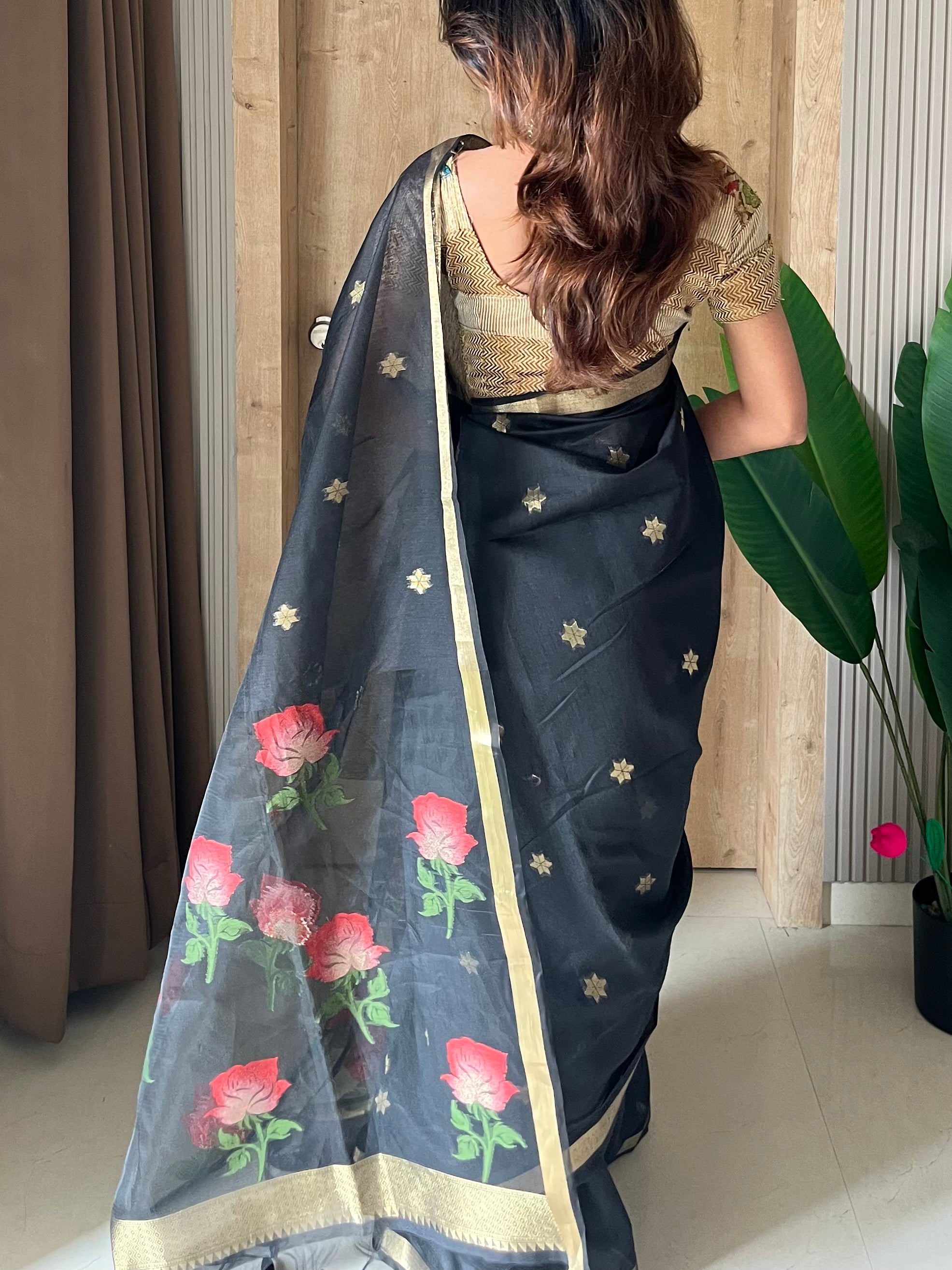 Buy MySilkLove Carbon Black Handloom Muga Cotton Saree Online