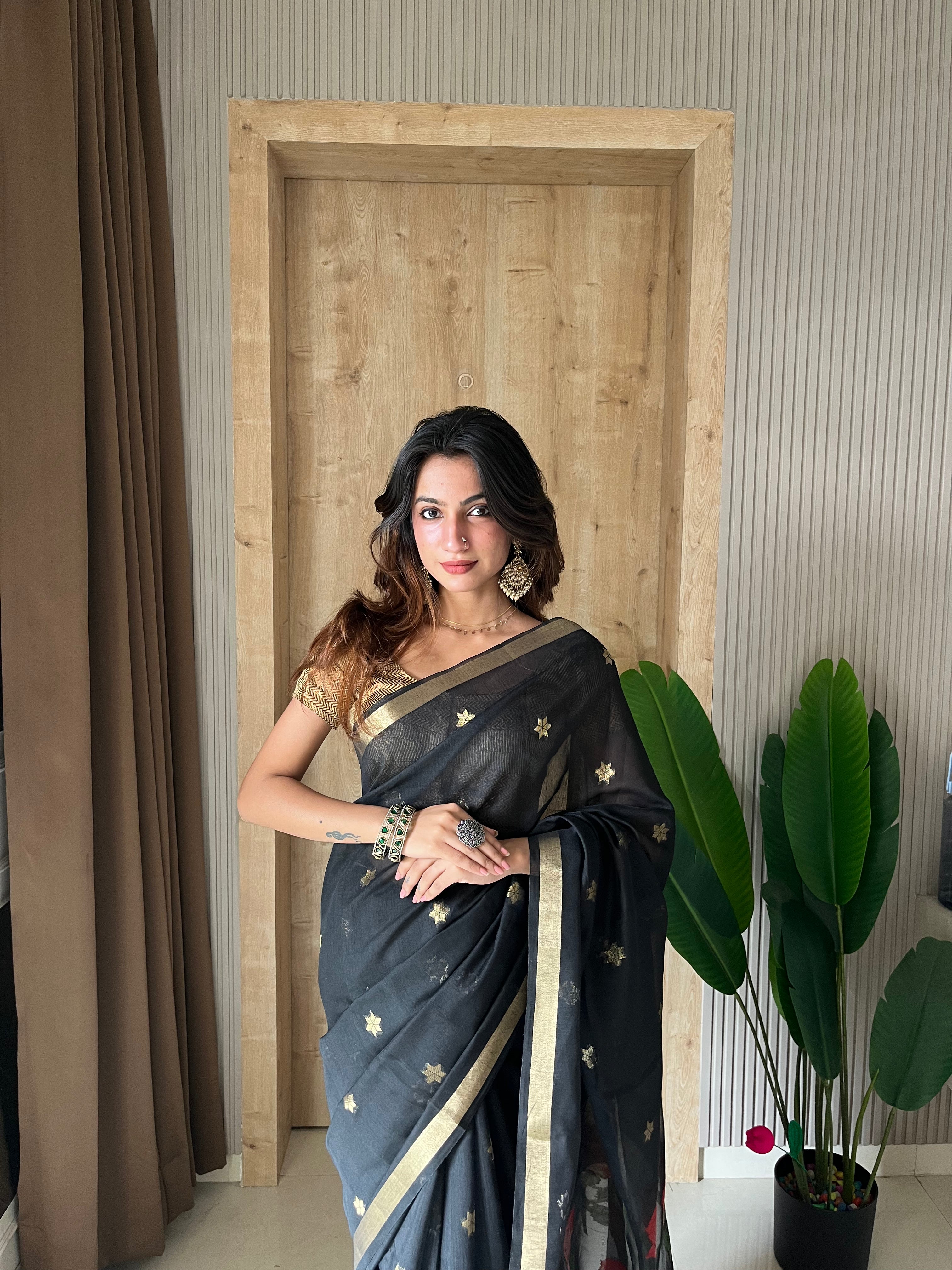 Buy MySilkLove Carbon Black Handloom Muga Cotton Saree Online