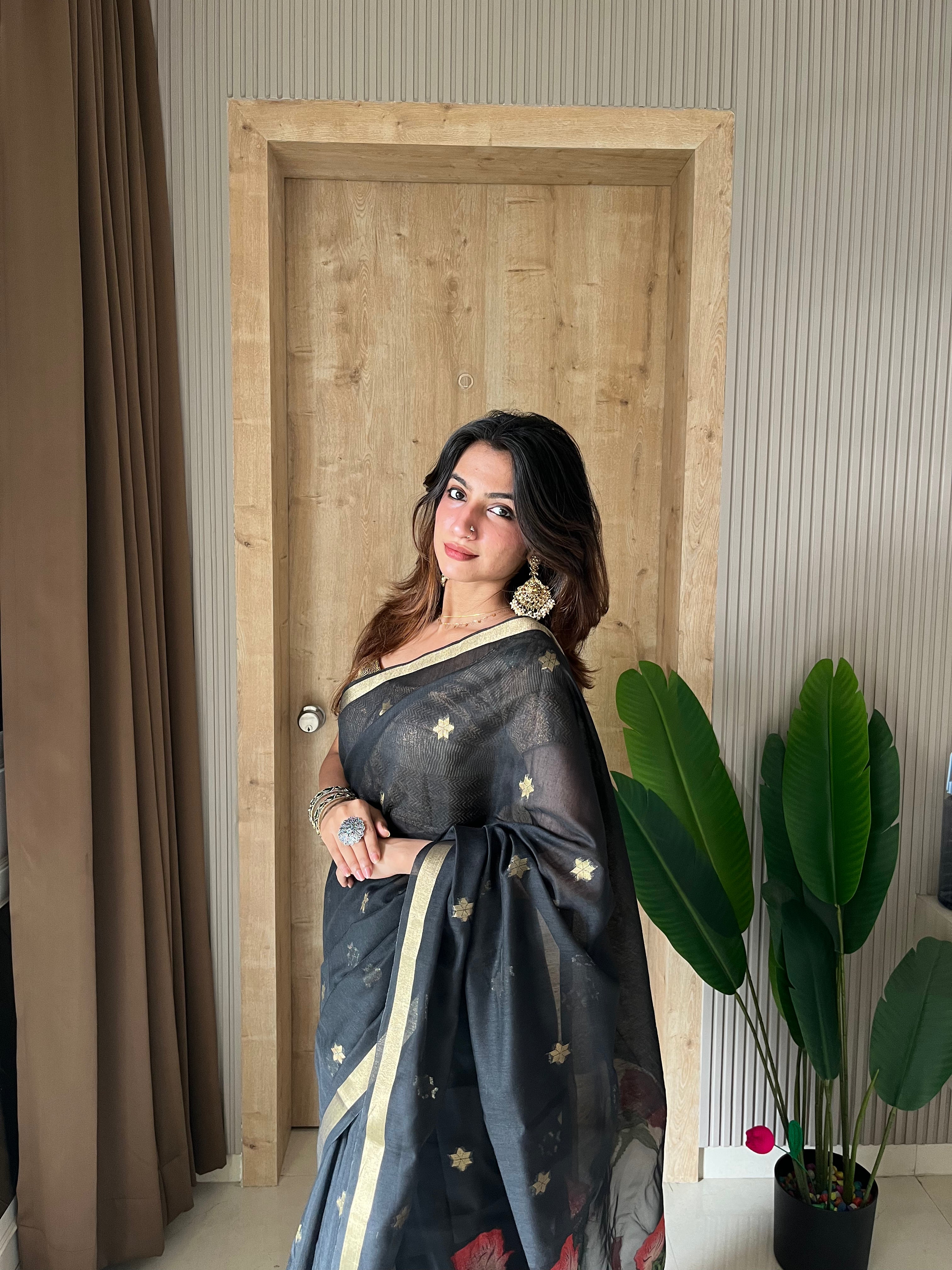 Buy MySilkLove Carbon Black Handloom Muga Cotton Saree Online