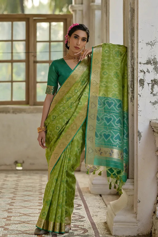 Buy MySilkLove Tan Green Woven Raw Silk Saree Online