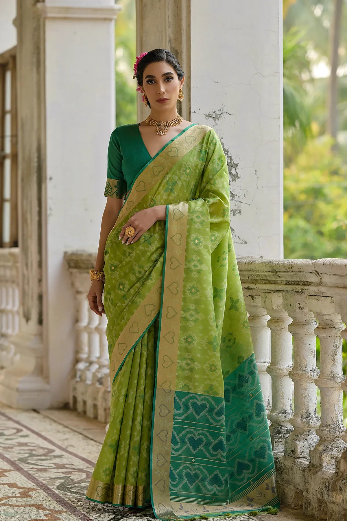 Buy MySilkLove Tan Green Woven Raw Silk Saree Online