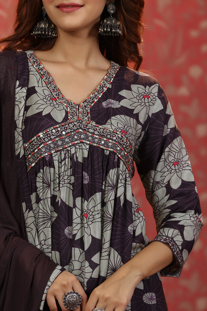 Buy MySilkLove Natural Grey and Purple Floral Alia Cut Pure Muslin Silk Suit Online