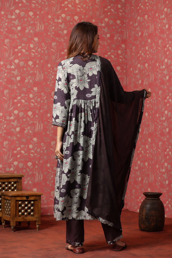 Natural Grey and Purple Floral Alia Cut Pure Muslin Silk Suit