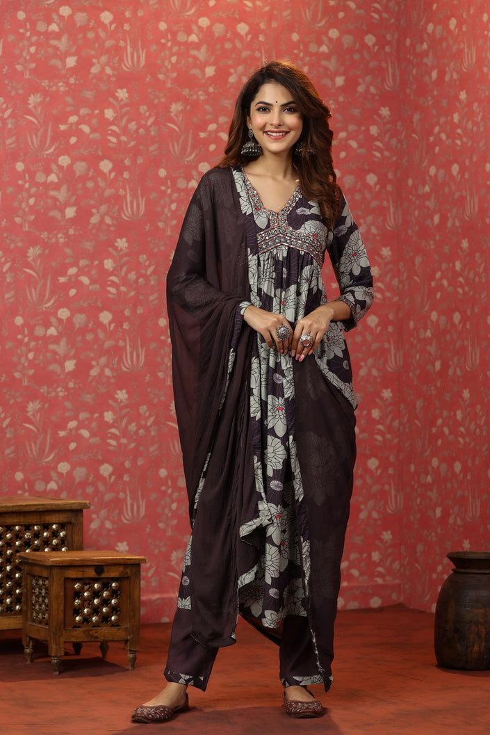 Buy MySilkLove Natural Grey and Purple Floral Alia Cut Pure Muslin Silk Suit Online