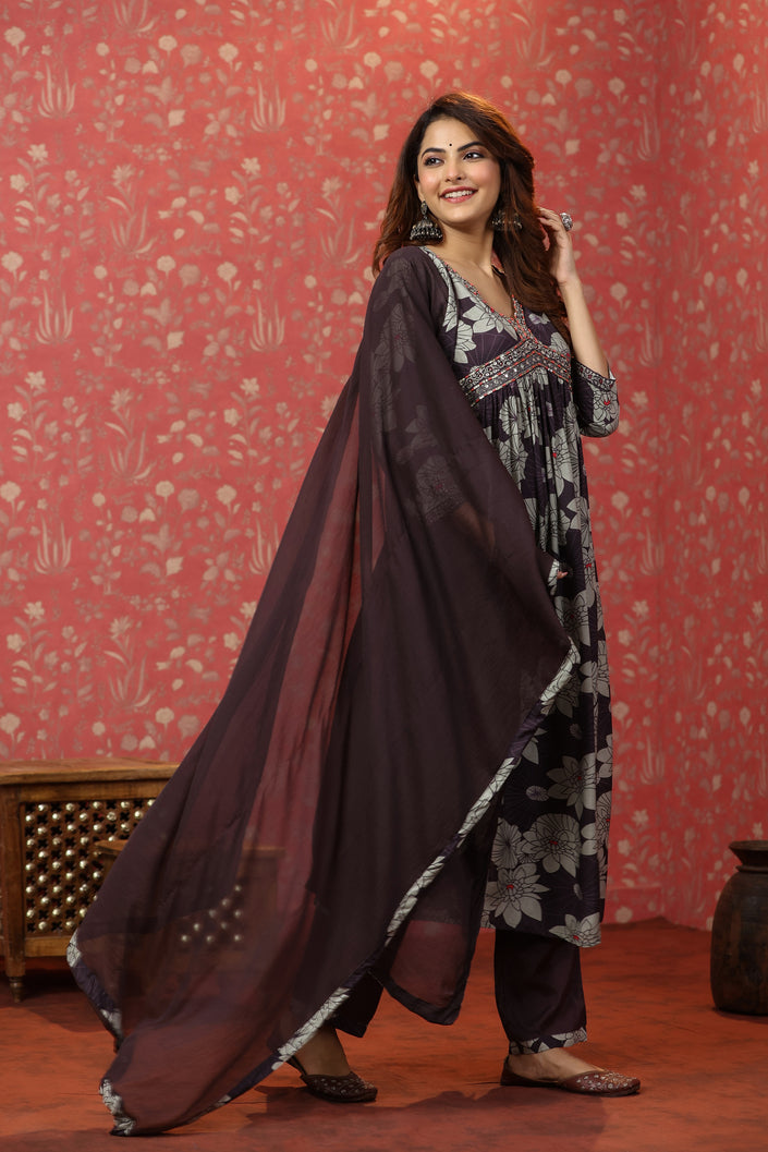 Buy MySilkLove Natural Grey and Purple Floral Alia Cut Pure Muslin Silk Suit Online