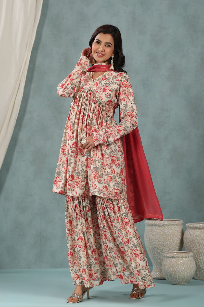 Well Red Floral Alia Cut Pure Muslin Sharara Suit