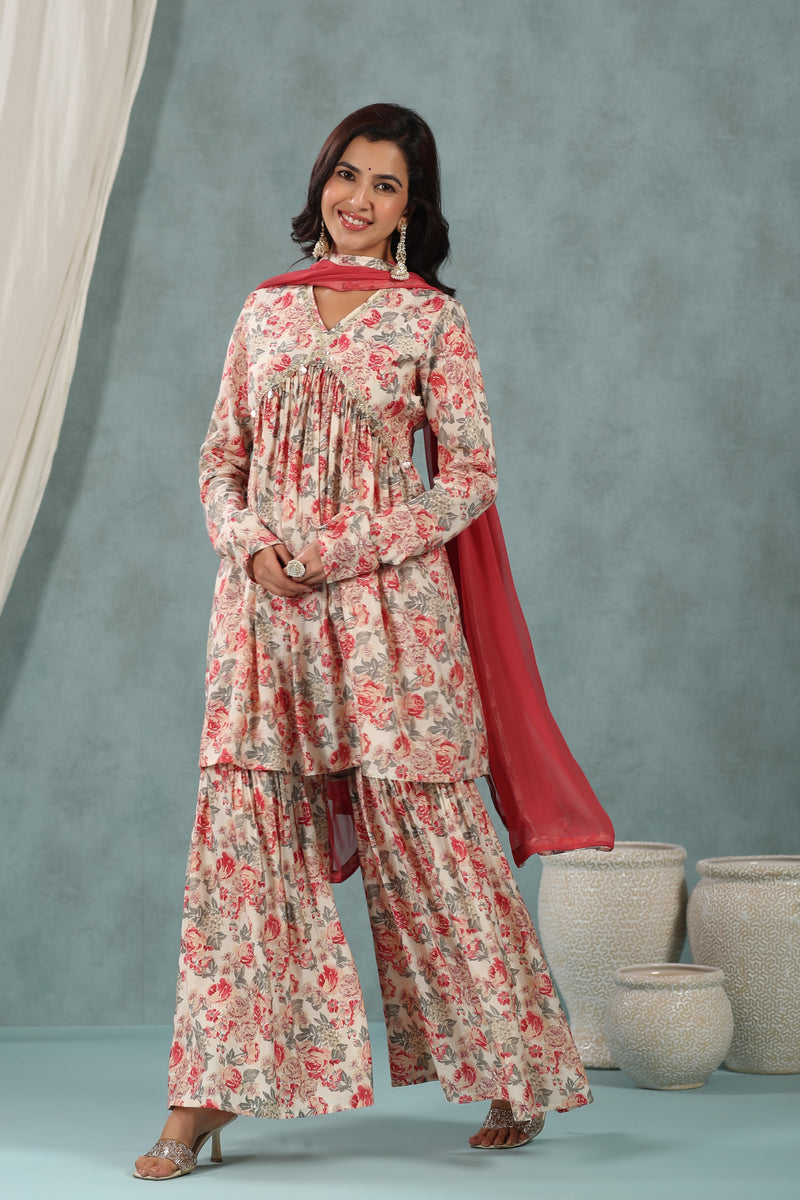 Well Red Floral Alia Cut Pure Muslin Sharara Suit
