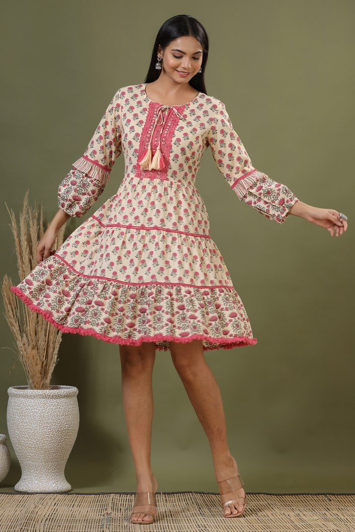 MySilkLove Chestnut Rose Pink Bagru Print Cotton Dress