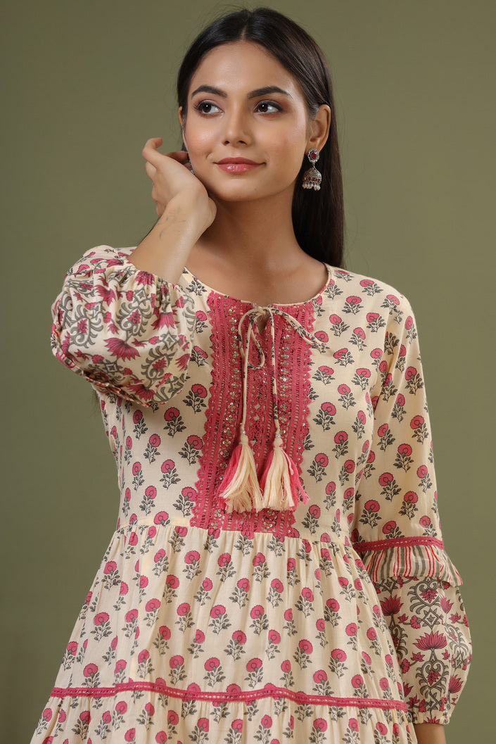 Buy MySilkLove Chestnut Rose Pink Bagru Print Cotton Dress Online