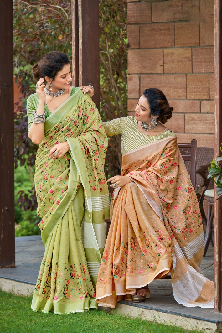 Buy MySilkLove Pesto Green Handcrafted Linen Saree Online