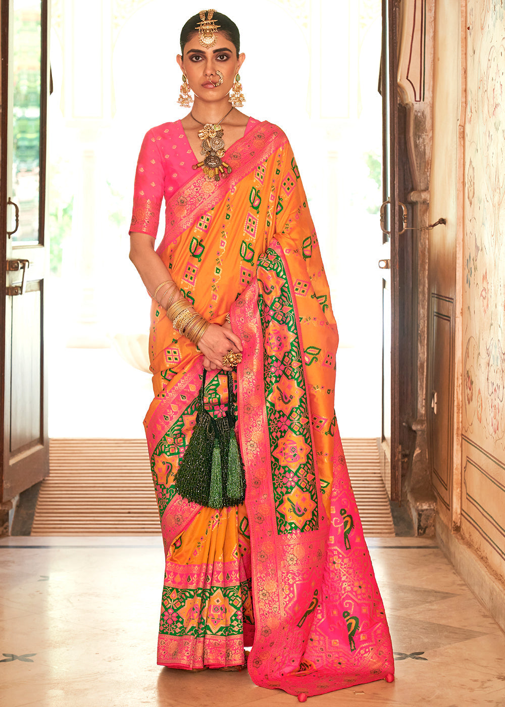 Buy MySilkLove Chardonnay Orange and Pink Woven Banarasi Saree Online