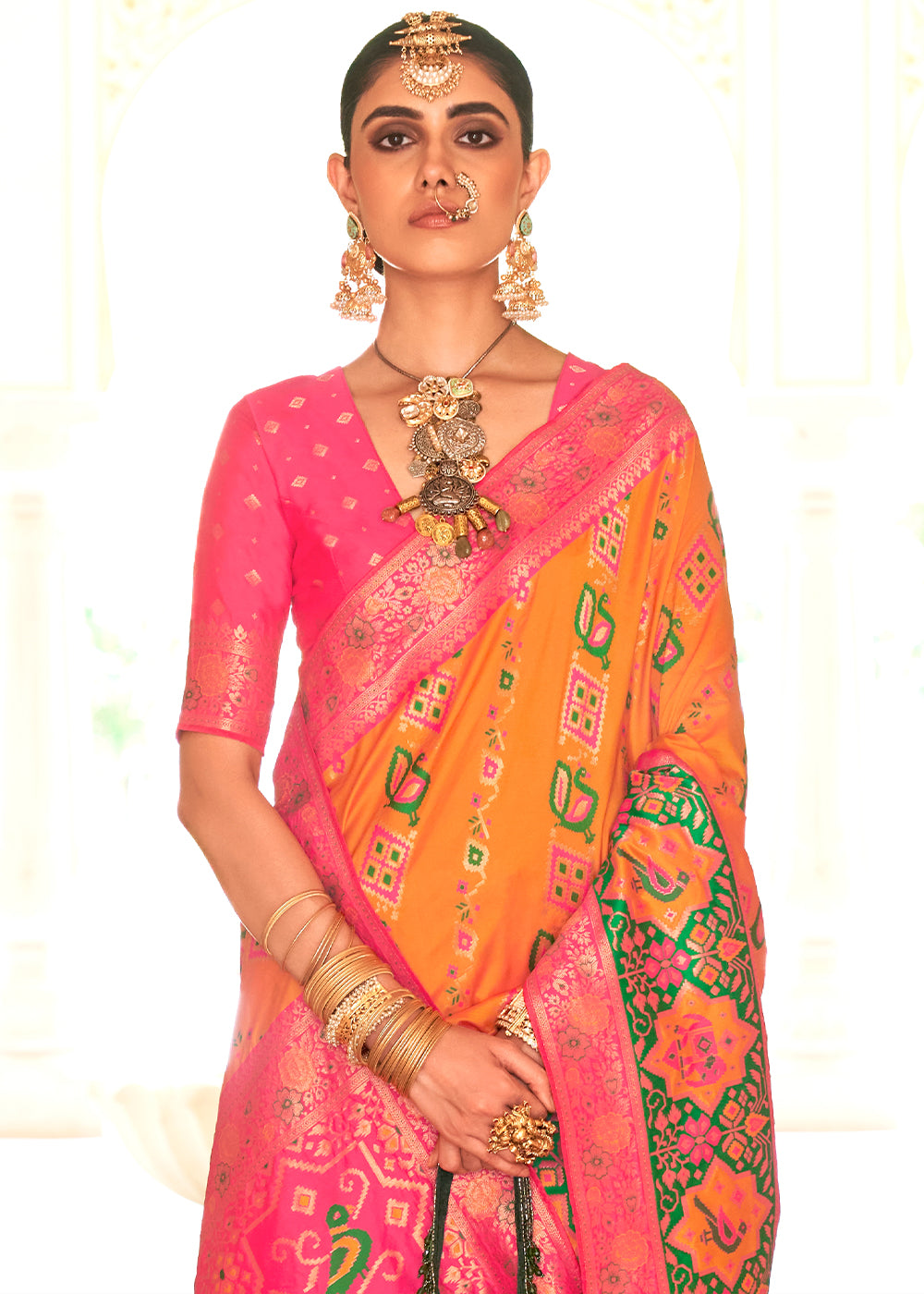 Buy MySilkLove Chardonnay Orange and Pink Woven Banarasi Saree Online