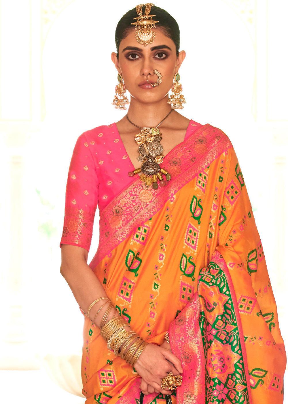 Buy MySilkLove Chardonnay Orange and Pink Woven Banarasi Saree Online